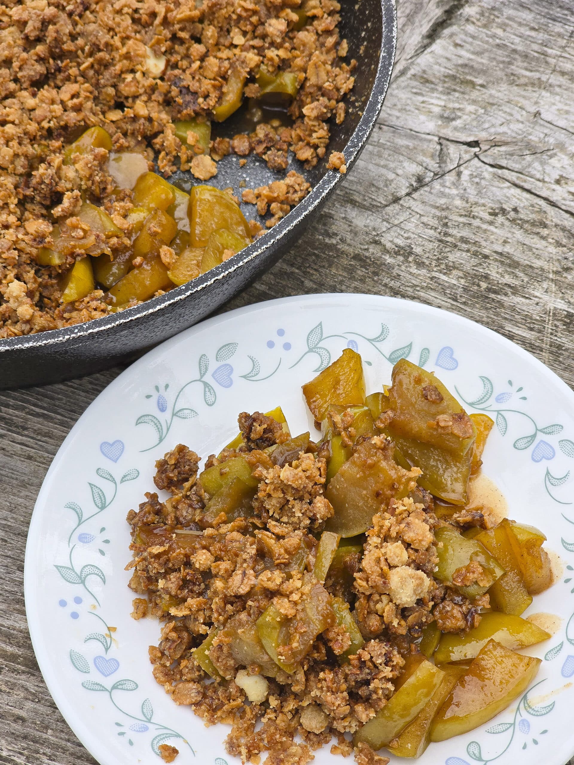 A pan and plate of skillet apple crisp on a picnic table.