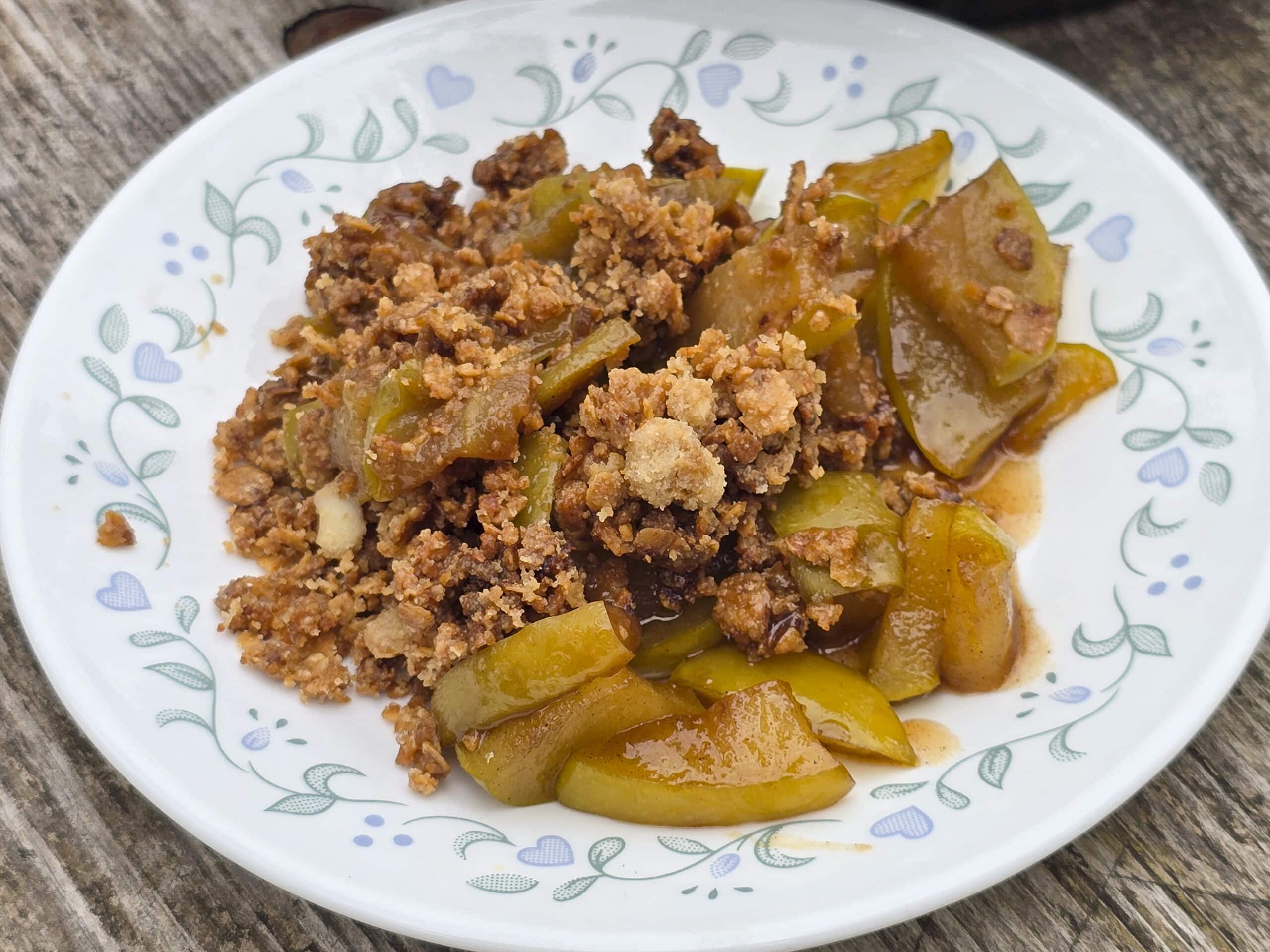 A plate of skillet apple crisp on a picnic table.