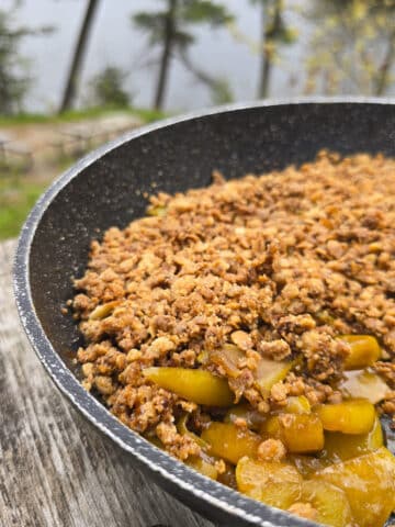 A skillet of apple crisp on a picnic table.