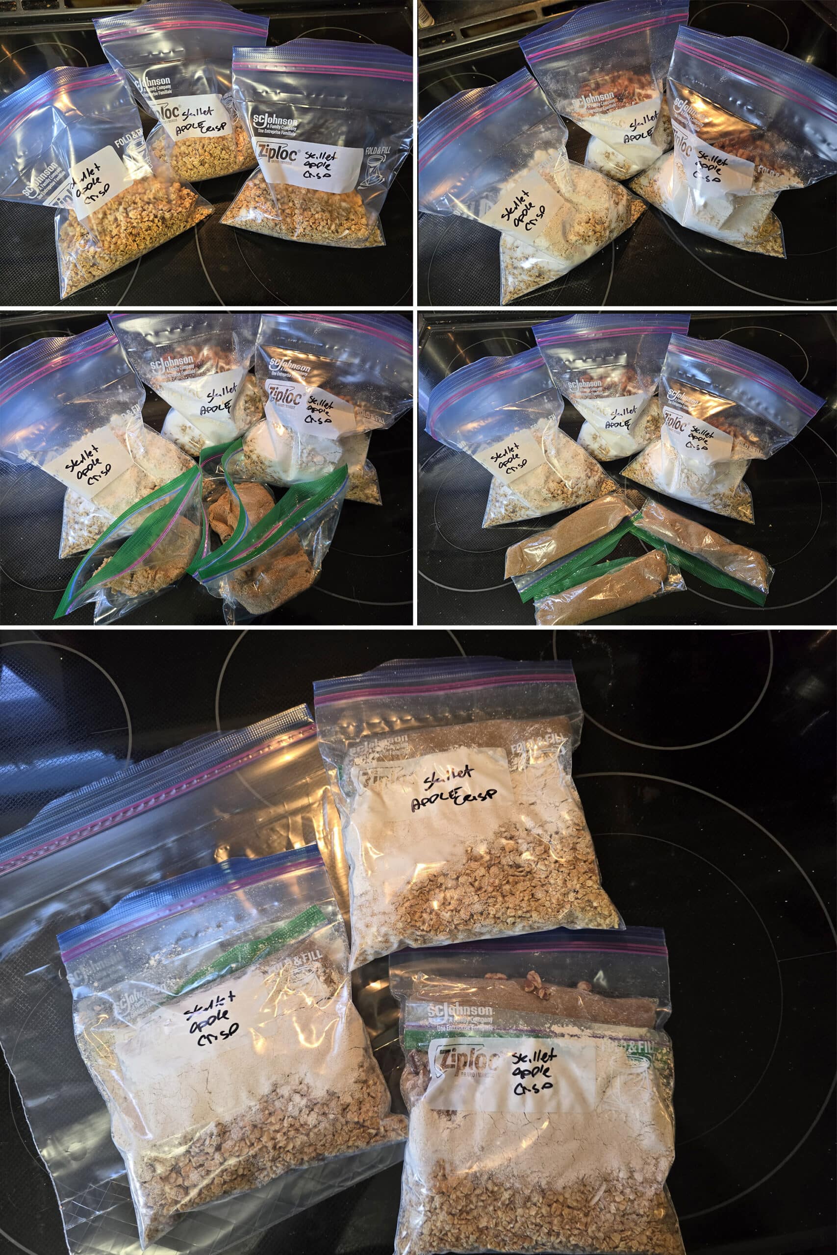5 part image showing apple crisp topping mixes being made in Ziplock baggies.