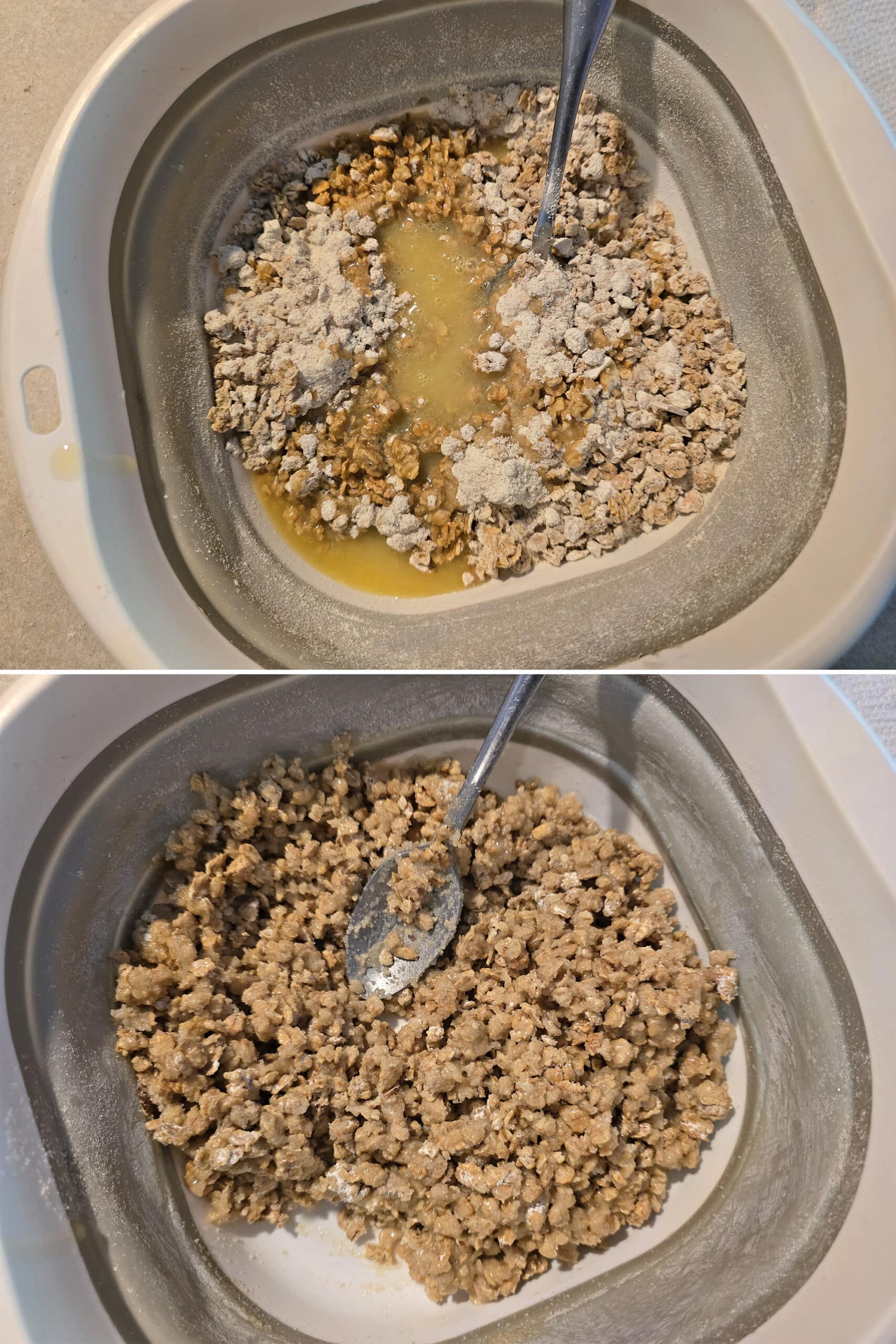 2 part image showing butter being added to a bowl of crisp topping mix, and stirred.
