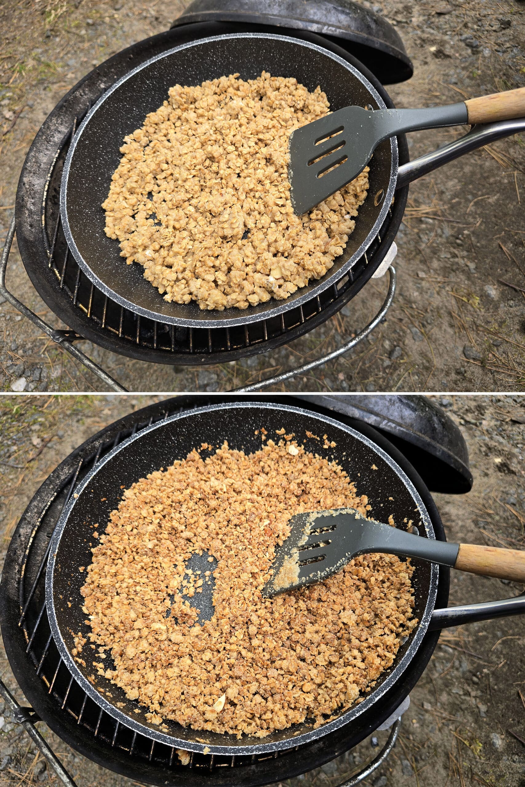 2 part image showing the topping being toasted in a cast iron skillet over a fire.