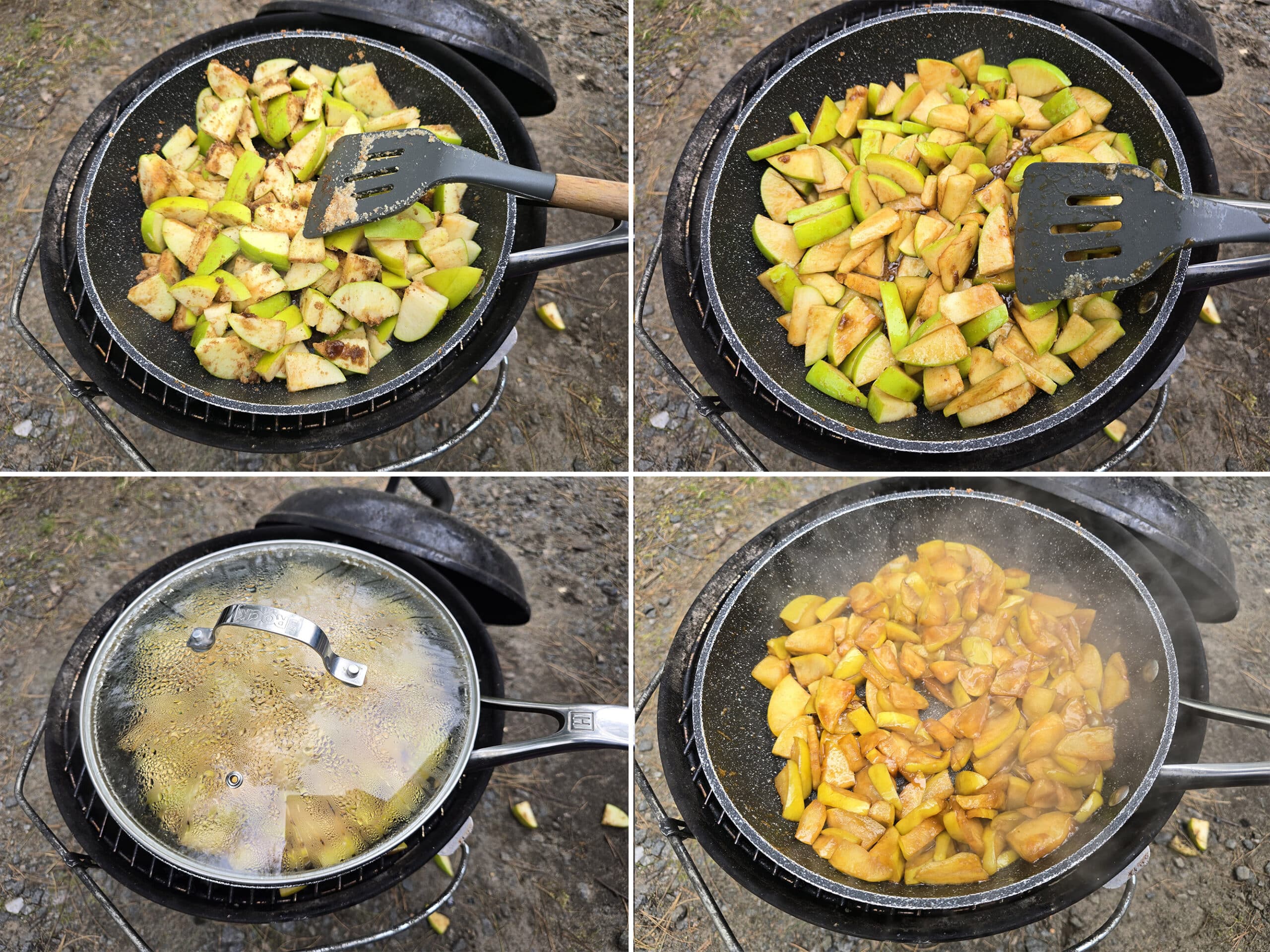 4 part image showing the apple filling cooking in a skillet over a grill.