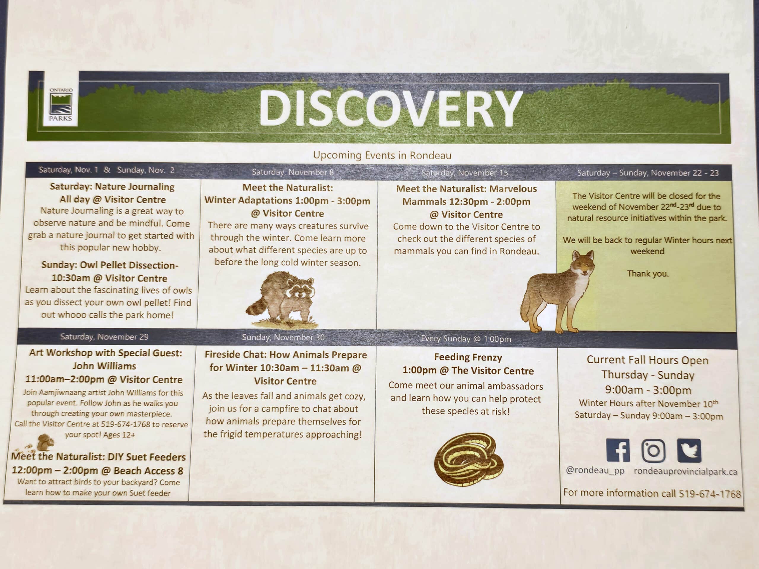 A printed copy of the Rondeau Provincial Park Discovery Program for November 2025.