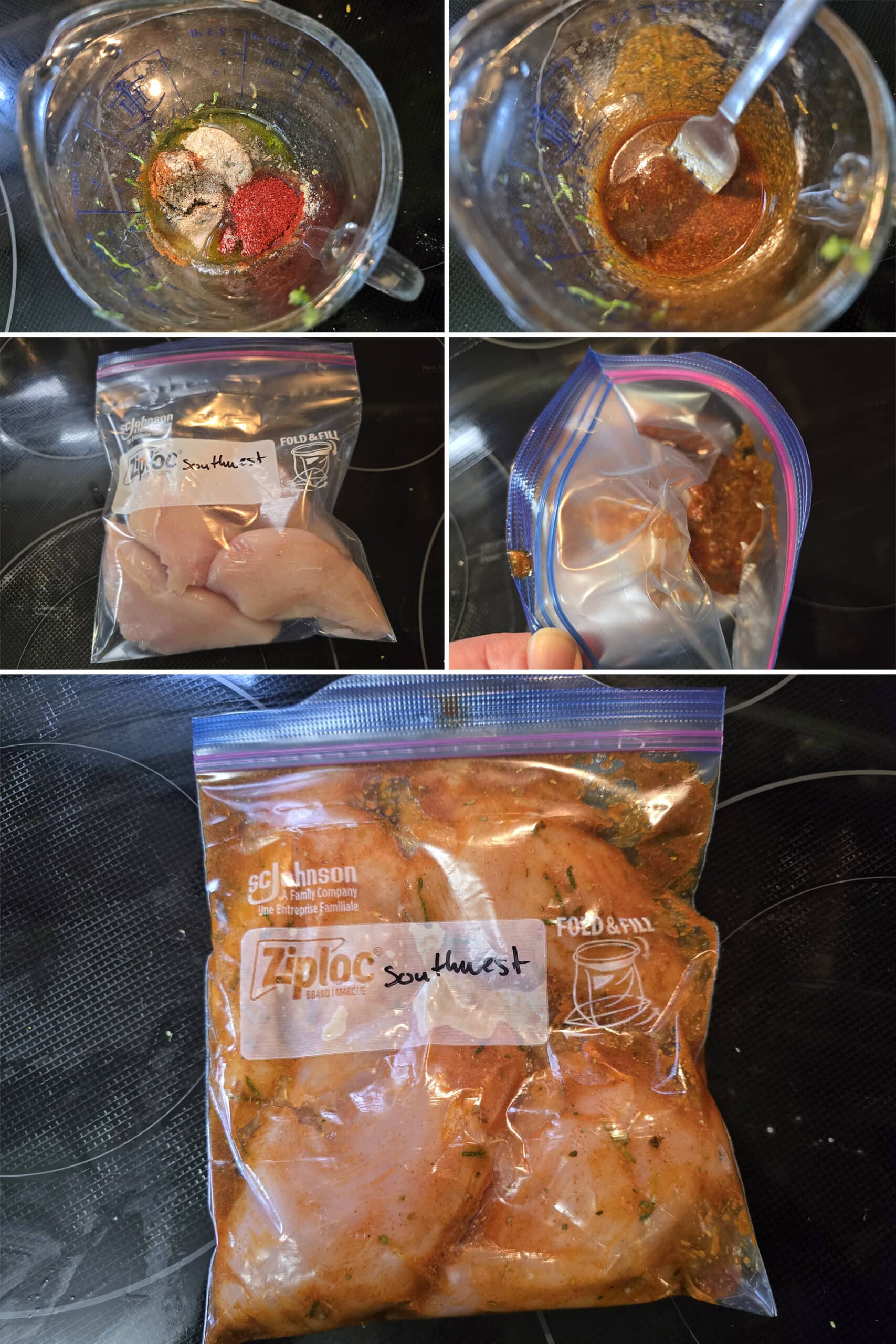 5 part image showing the southwest chicken marinade being mixed and added to a baggie of split chicken breasts.