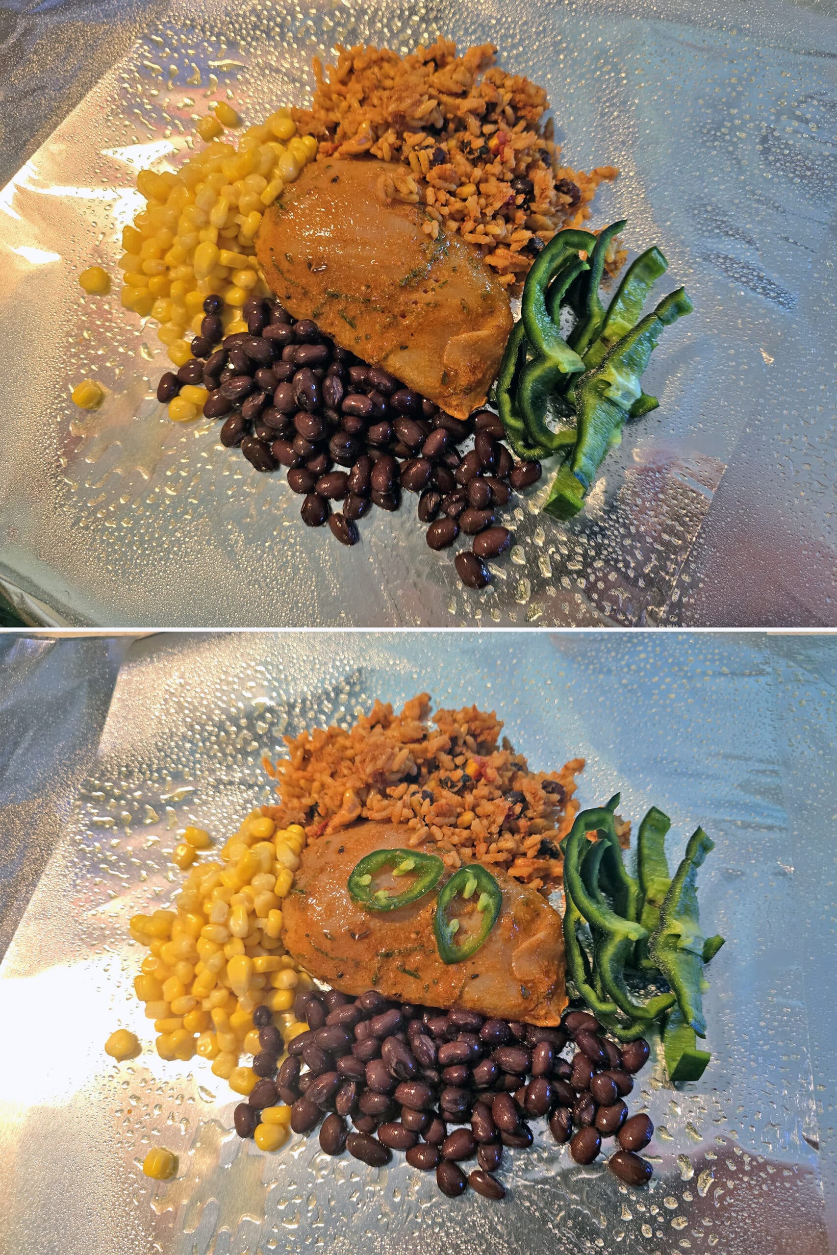 4 part image showing the chicken, Mexican rice, black beans, poblano peppers, and marinated chicken being arranged on foil.