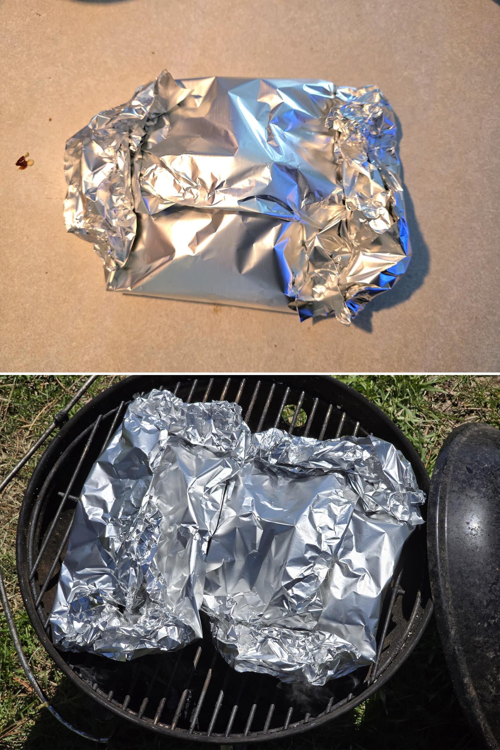 A wrapped chicken foil packet before and after being put on a grill.