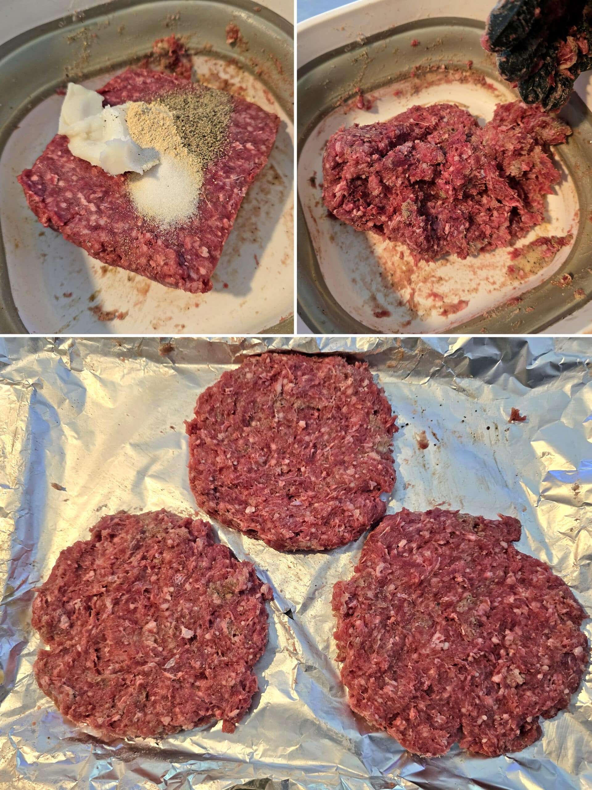 3 part image showing ground venison meat being seasoned and formed into patties.