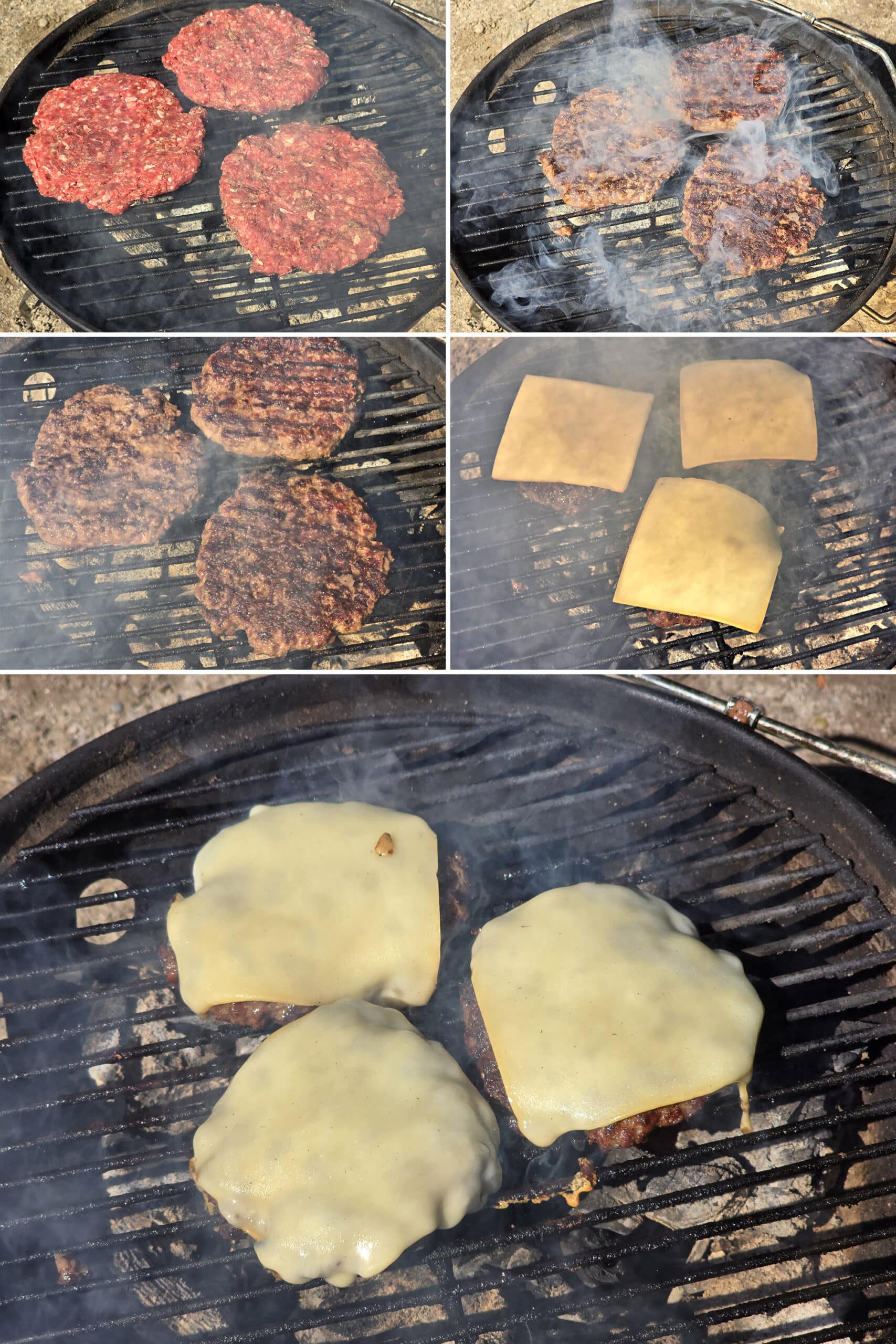 5 part image showing venison burgers being cooked over a grill then topped with cheese.