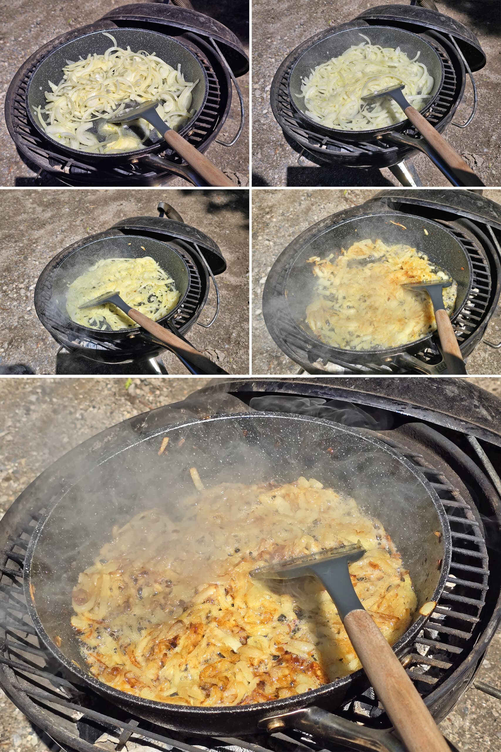 5  part image showing the whiskey caramelized onions being cooked over a grill.