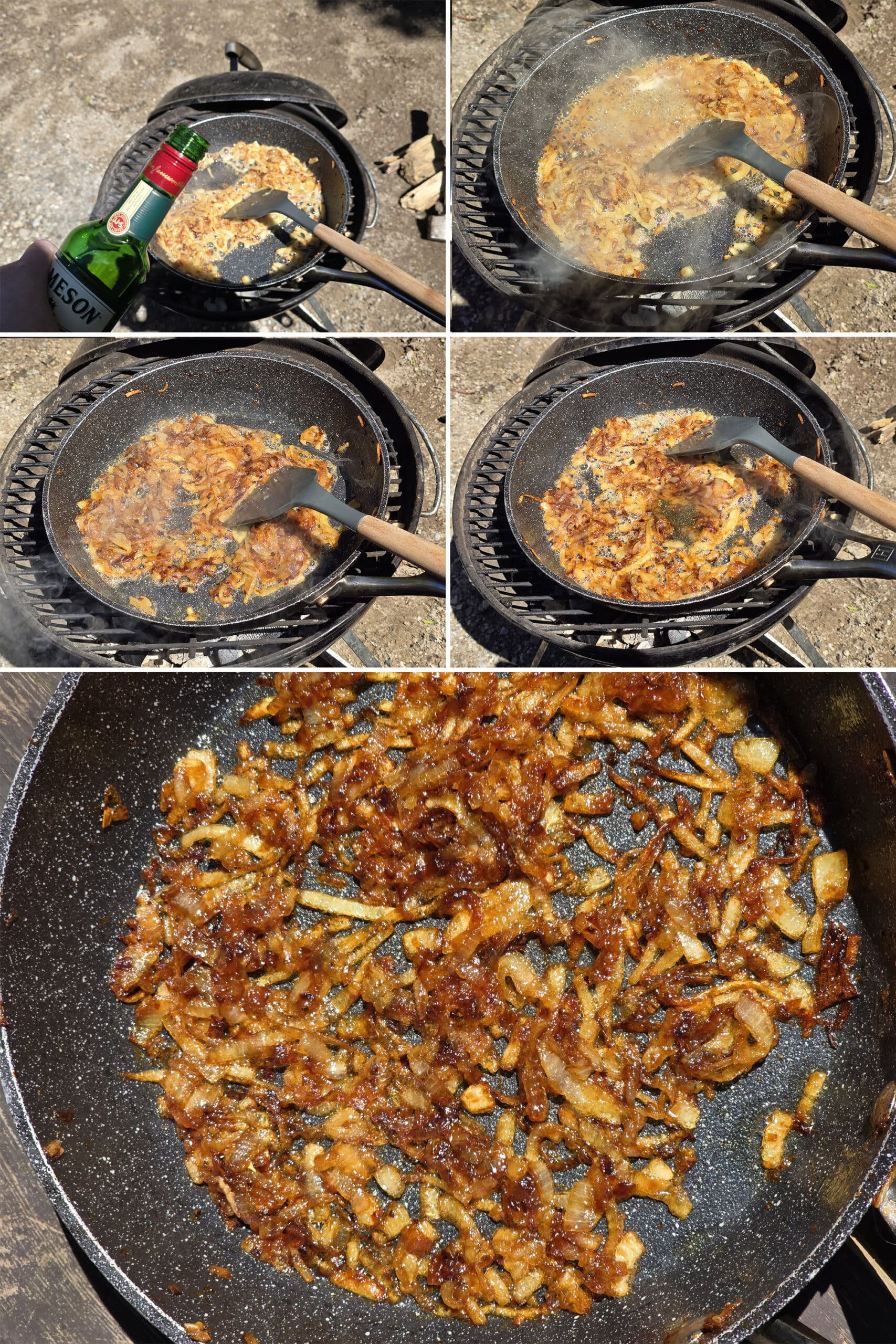 5  part image showing the whiskey caramelized onions being cooked over a grill.