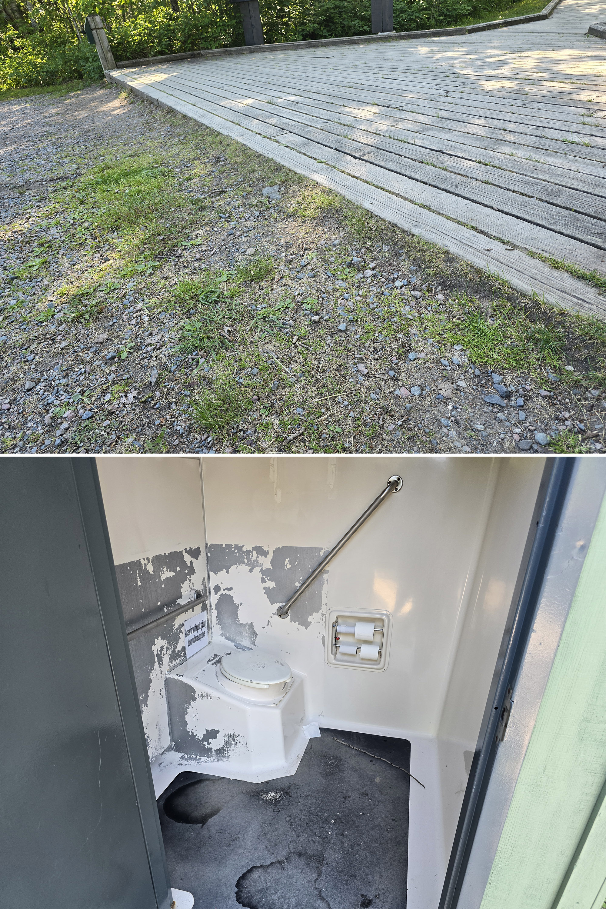 2 part image showing a slight bump on then boardwalk entrance, and the accessible stall in the washroom.