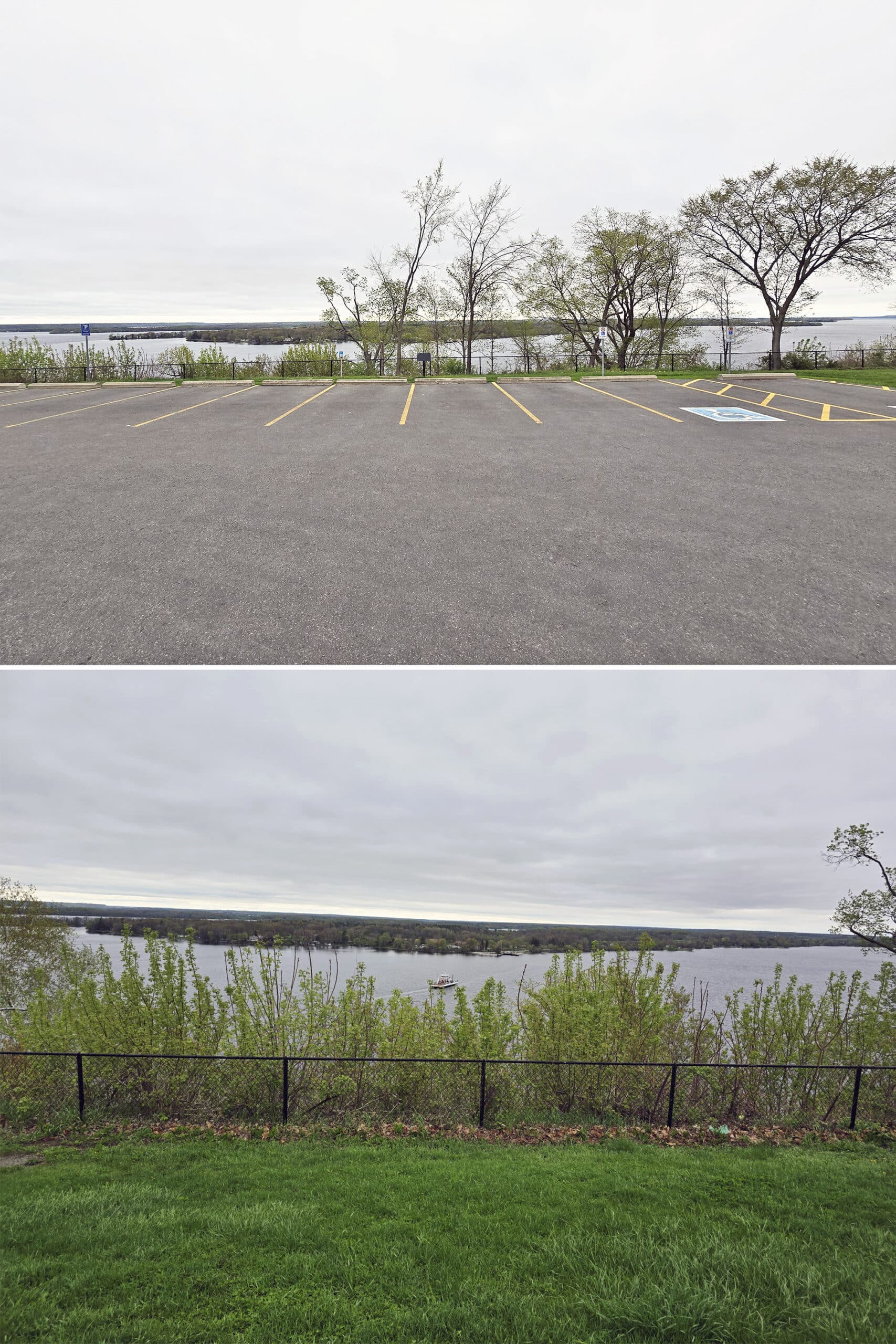 2 part image showing the Lake on the Mountain parking lot and the view over Bay of Quinte below.