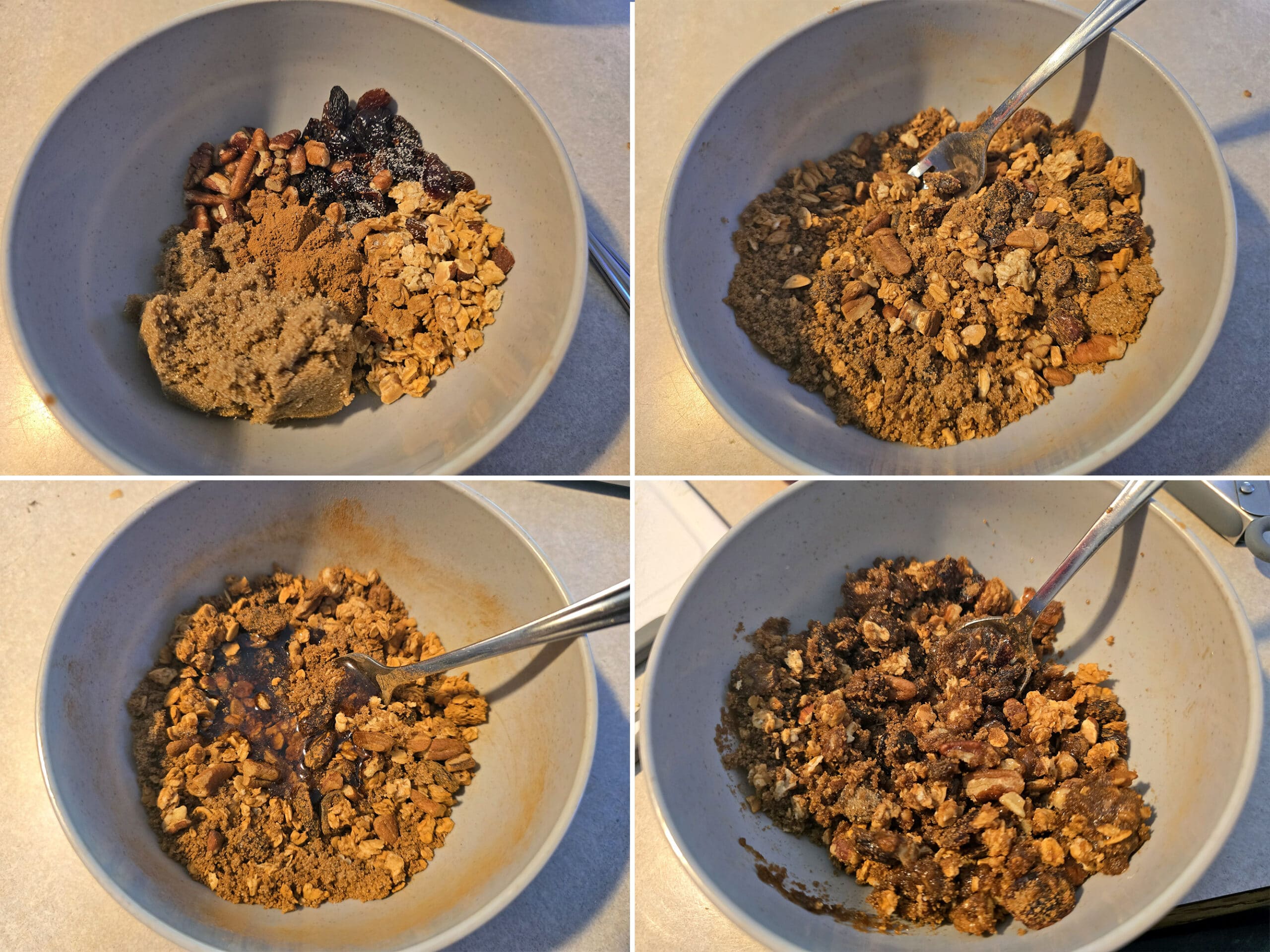 4 part image showing the granola and brown sugar topping being mixed in a bowl.