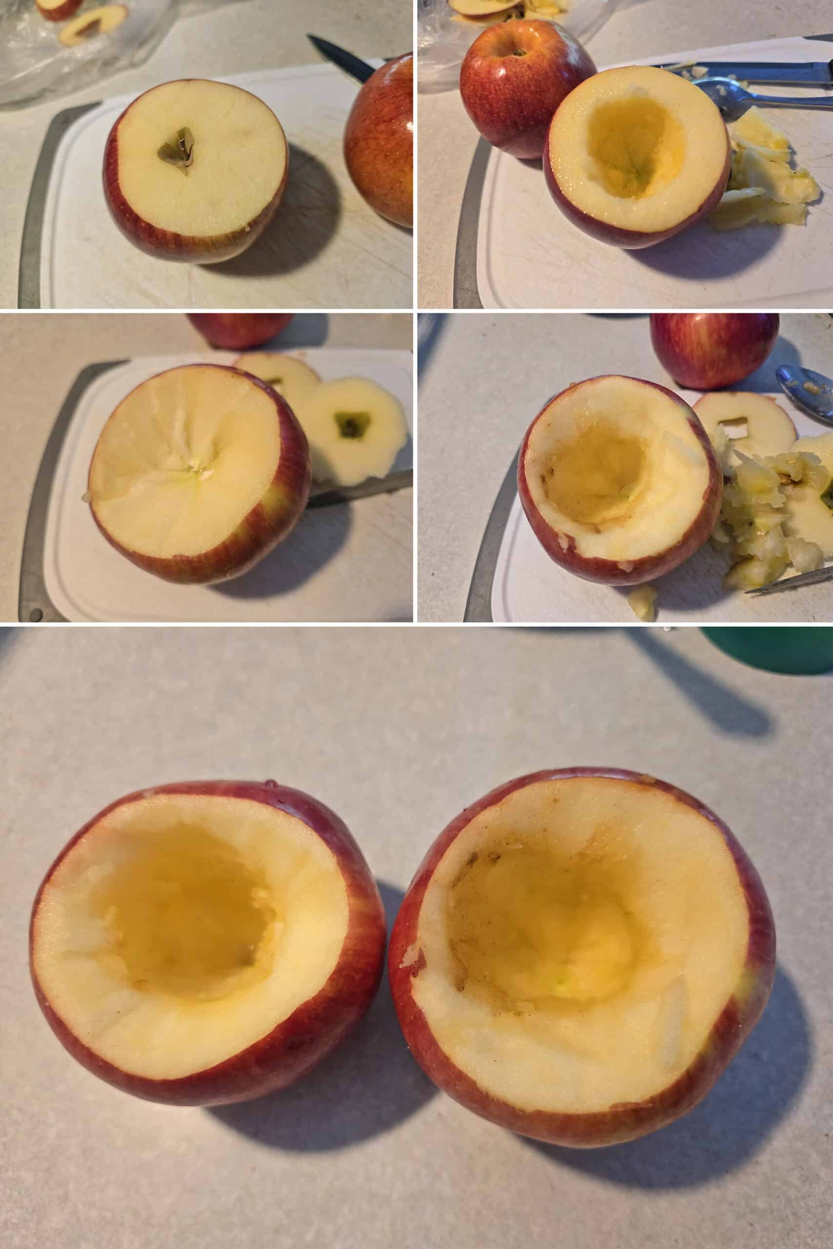 5 part image showing 2 apples being carved, as described.