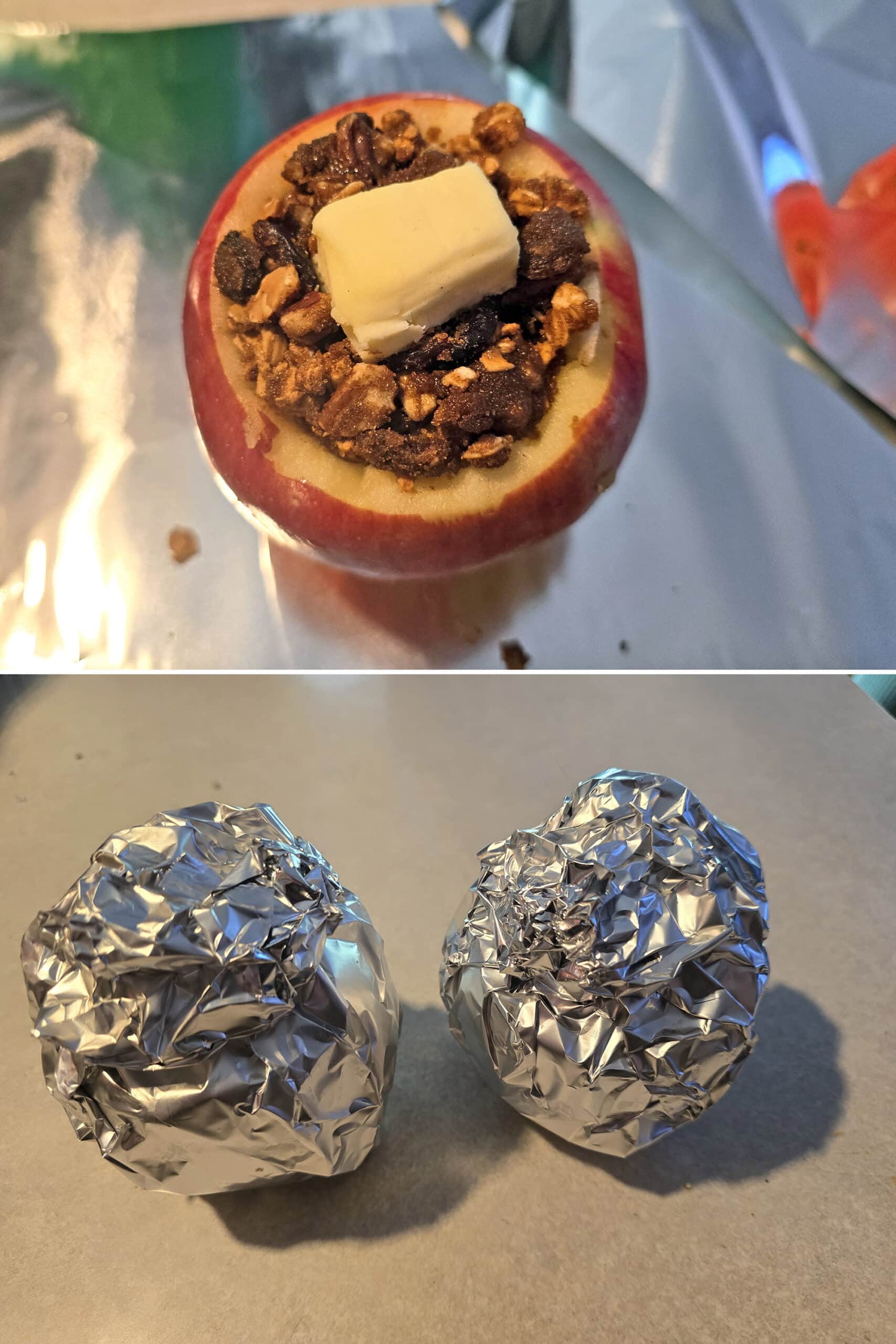 2 part image showing an apple on foil, stuffed with filling and topped with butter, then two apples wrapped in aluminum foil.