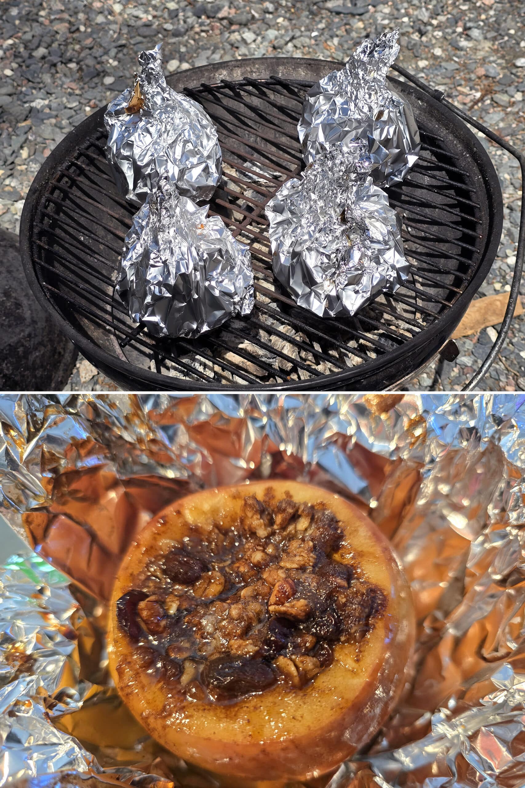 2 part image showing 4 foil wrapped baked apples on a small charcoal grill, then one finished baked apple, unwrapped.