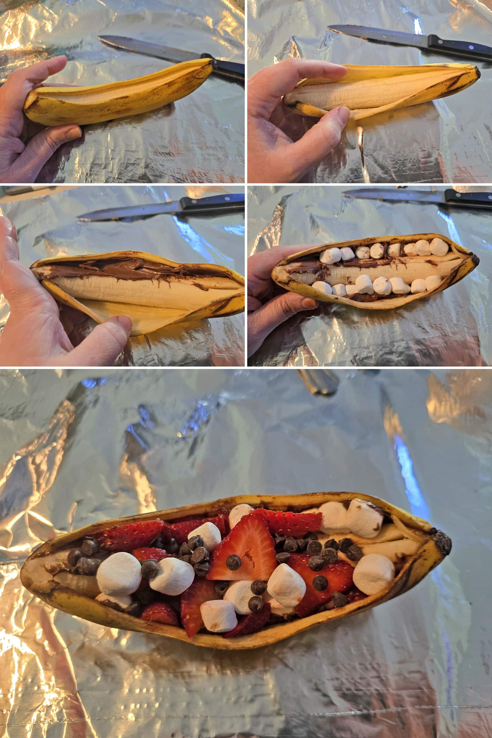 5 part image showing a banana being slit open, peanut butter spread inside, marshmallows pushed down the sides, and then stuffed with strawberries marshmallows, and chocolate chips.