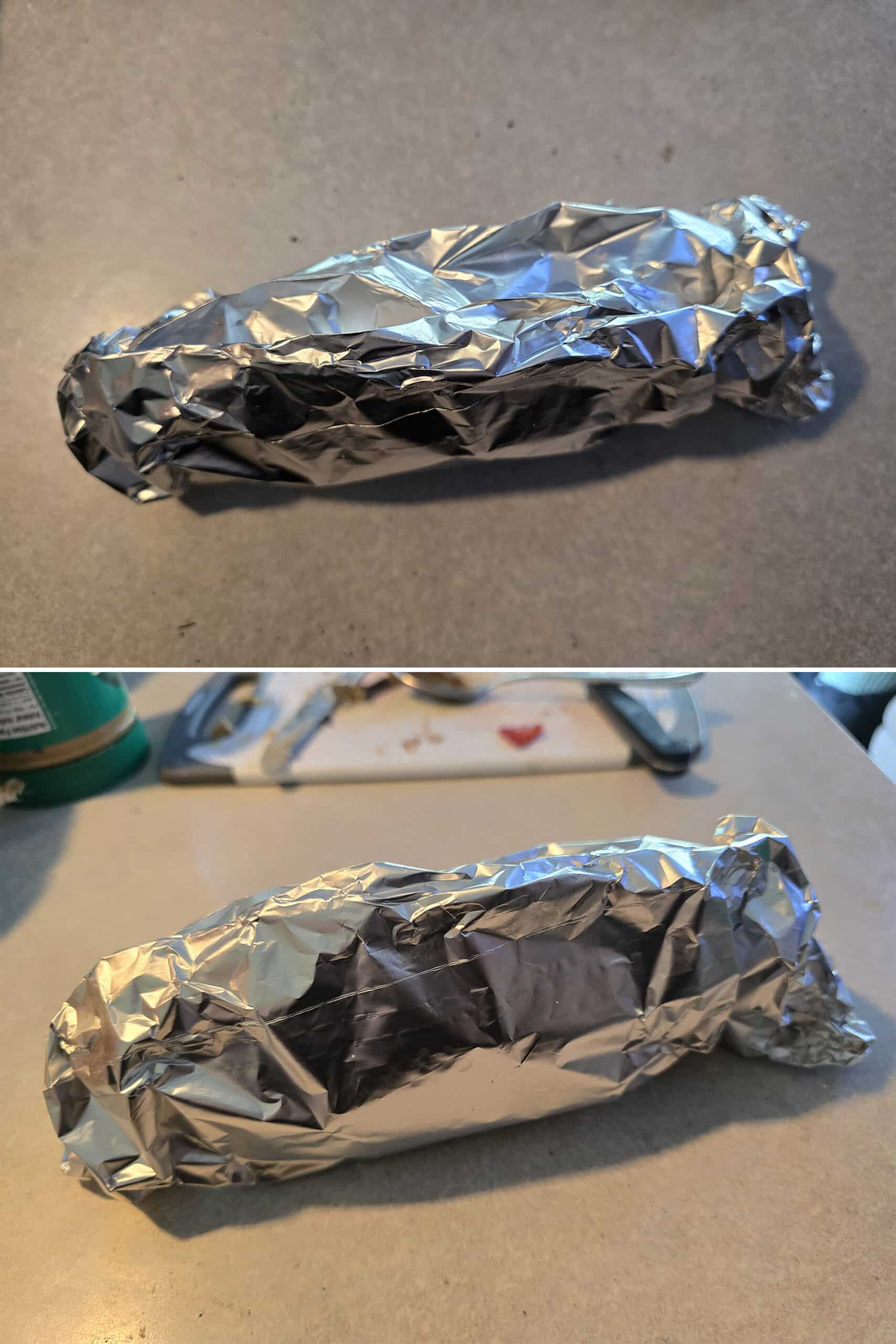 2 part image showing a banana boat being wrapped in foil, and the ends of the foil being molded underneath it to form a stand.