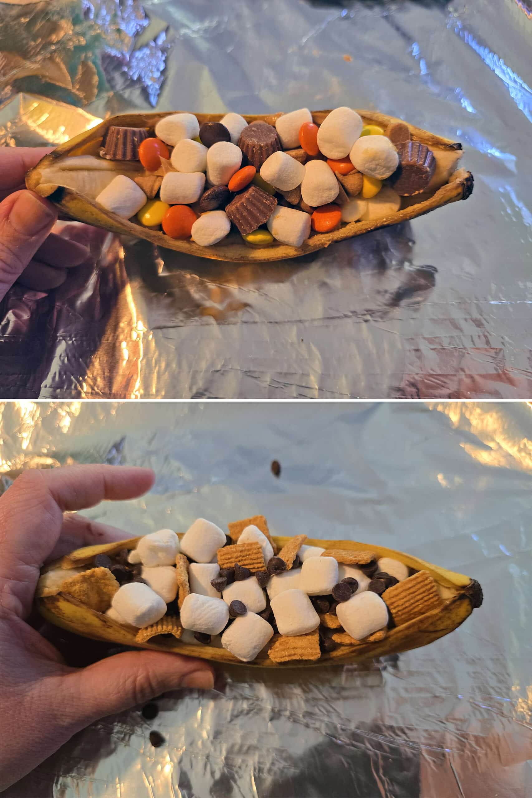 2 part image showing different ways of filling a banana boat. One has marshmallows, reese peaces, and mini peanut butter cups, the other has marshmallows, chocolate chips, and golden grahams cereal.