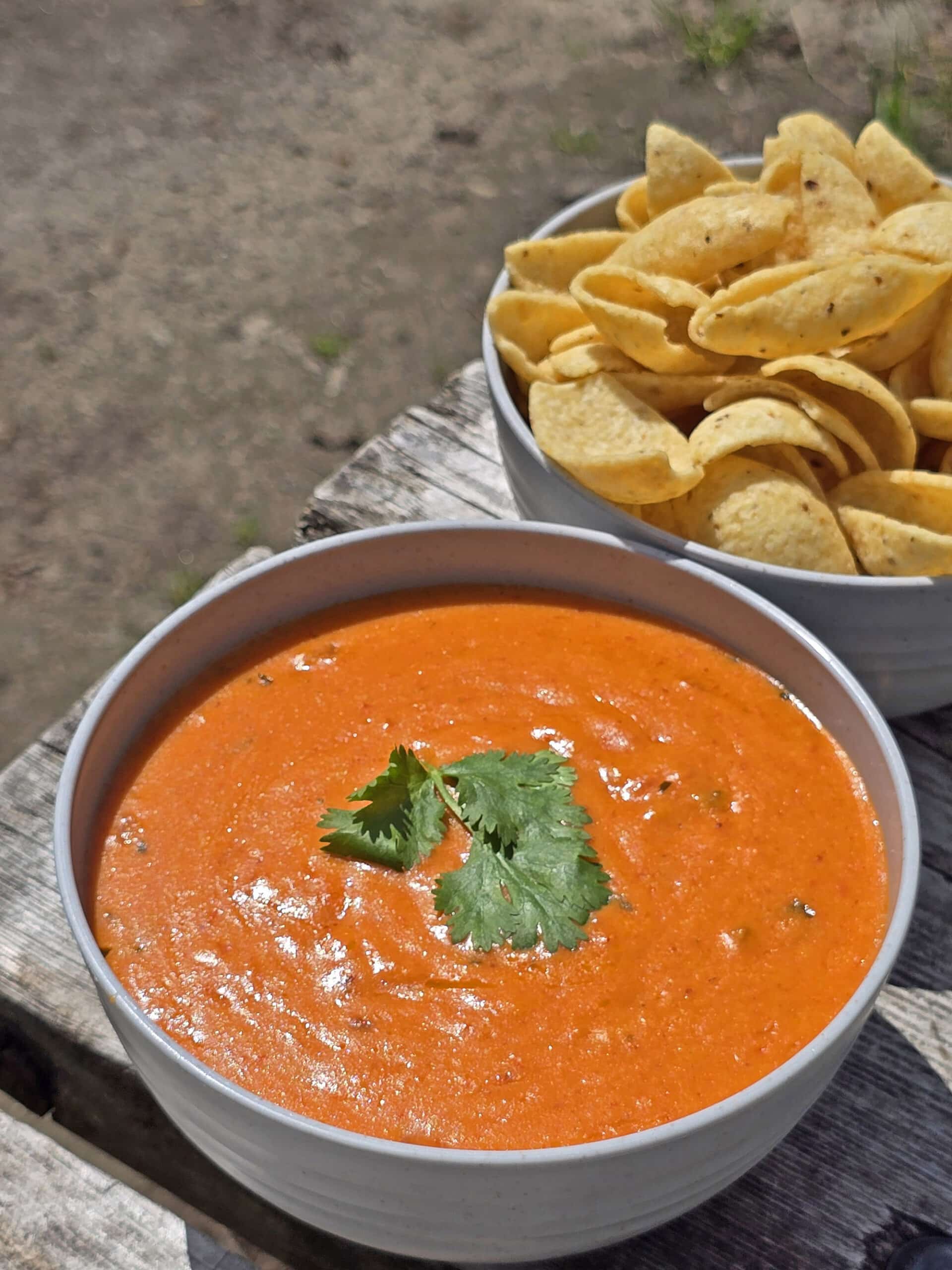 A bowl of hot cheddar queso dip with cilantro on top.