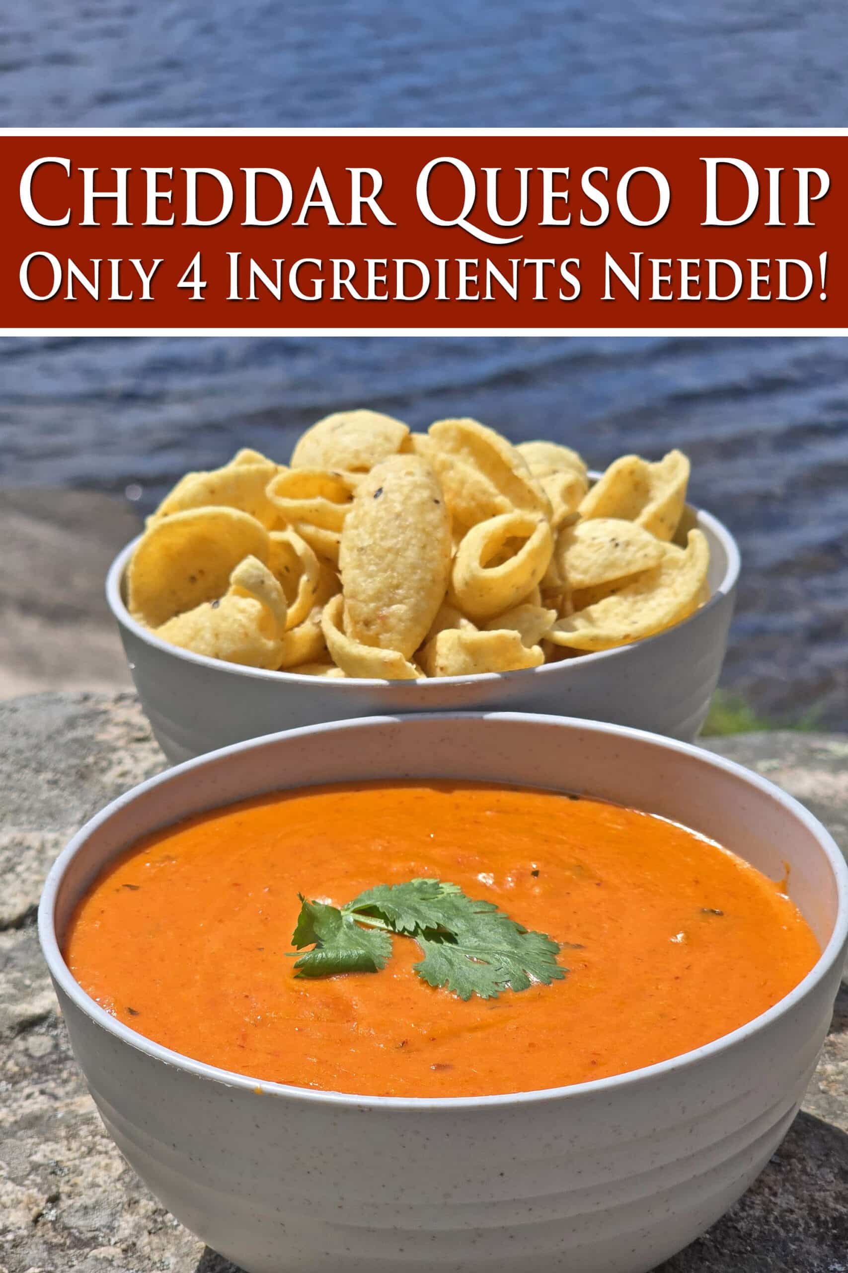 A bowl of Mexican cheese dip with cilantro on top.  Overlaid text says Cheddar Queso Dip only 4 ingredients  needed.