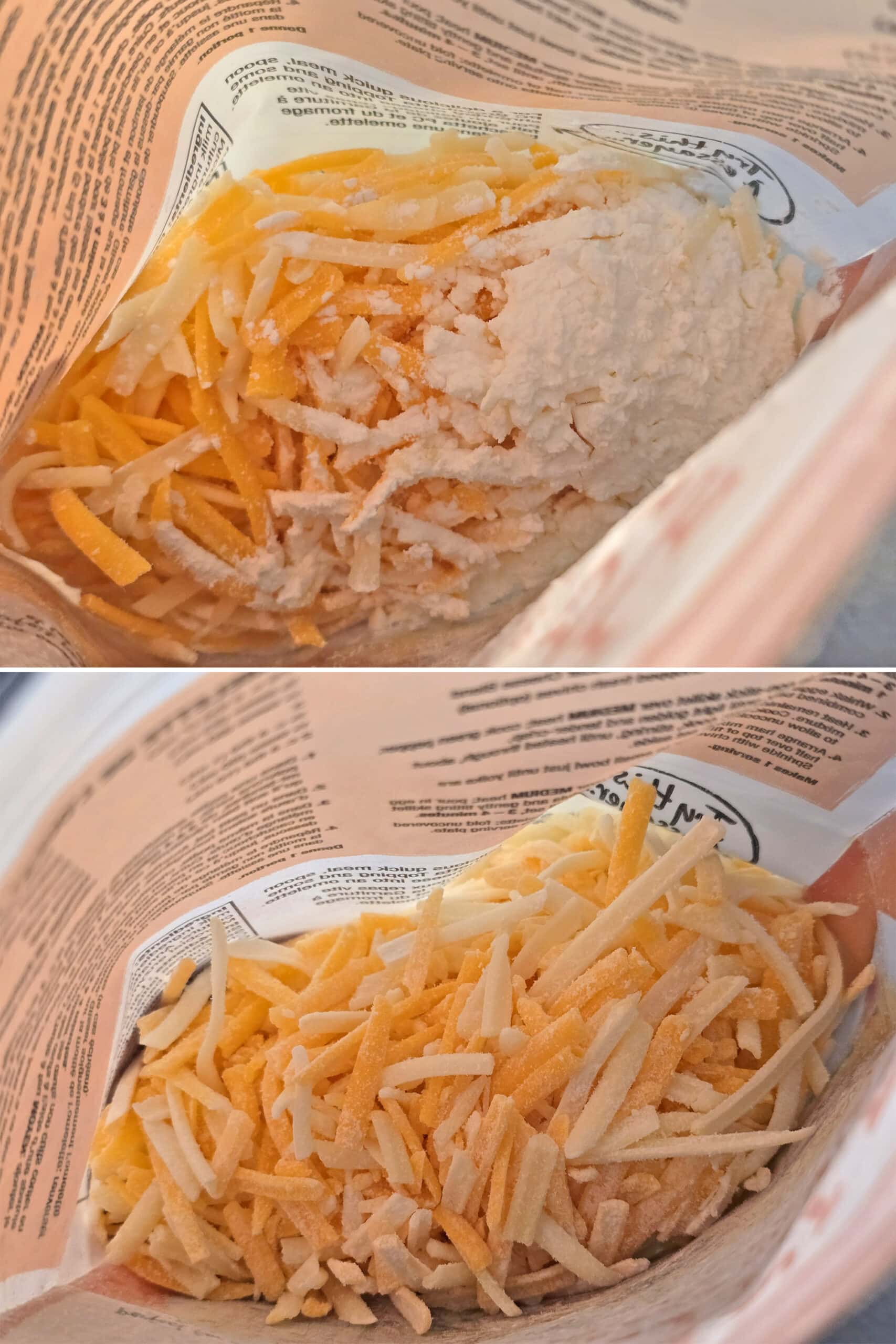 2 part image showing corn starch being added to a bag of cheese and shaken.