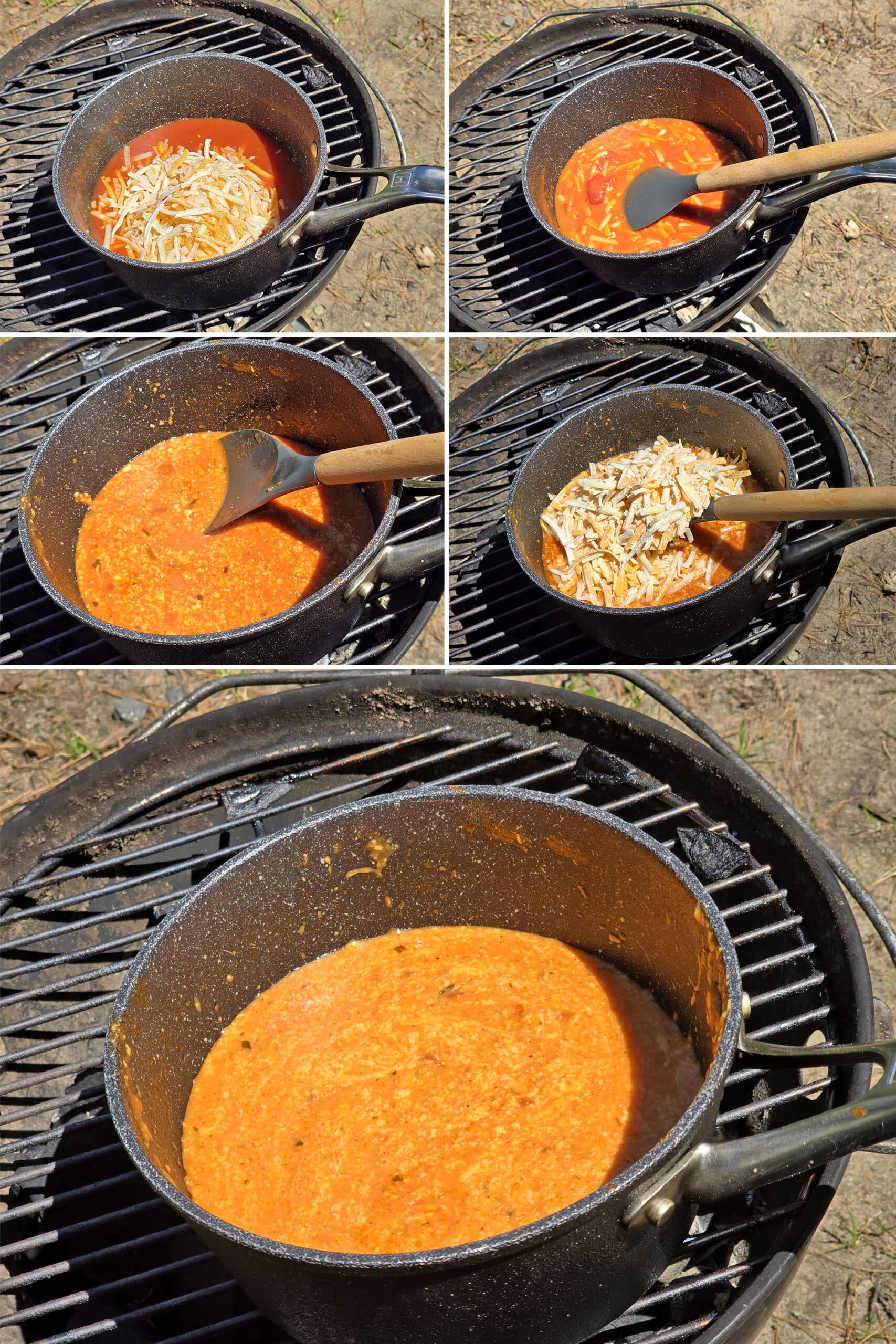 5 part image showing the cheese mixture being added in 2 rounds, and stirred in.
