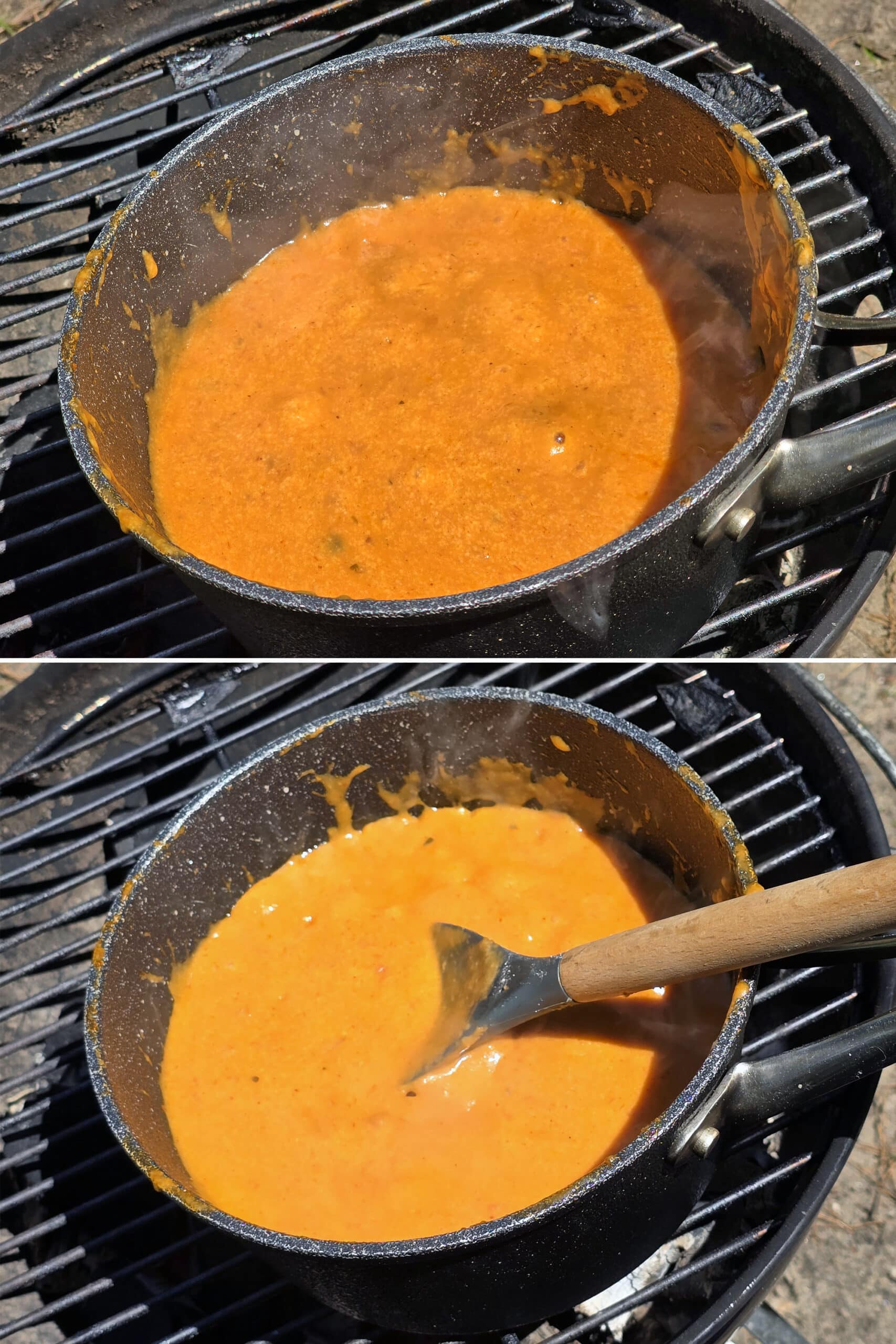 2 part image showing the queso being cooked until the cheese is melted and smooth.