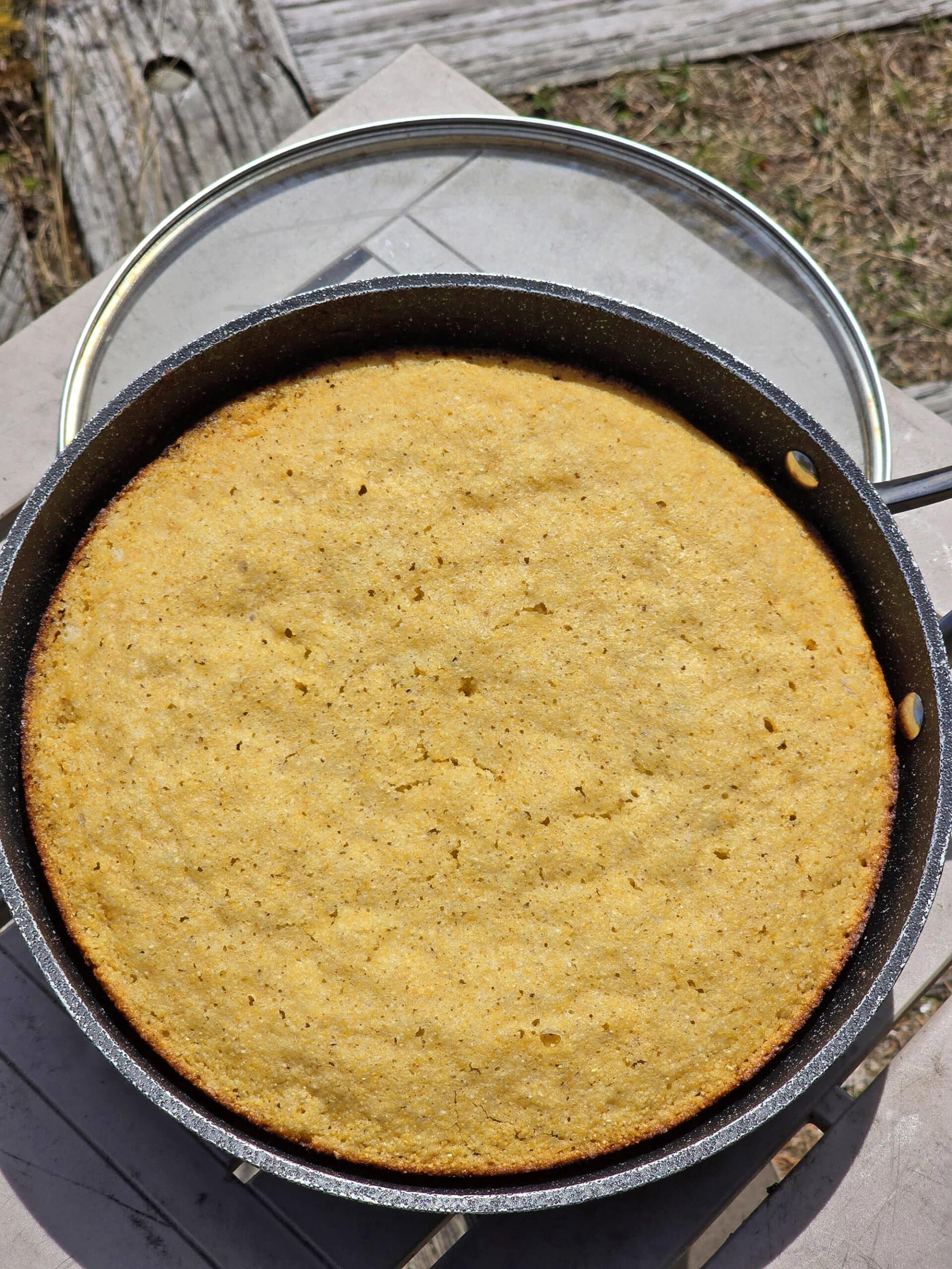 A pan of skillet campfire cornbread.