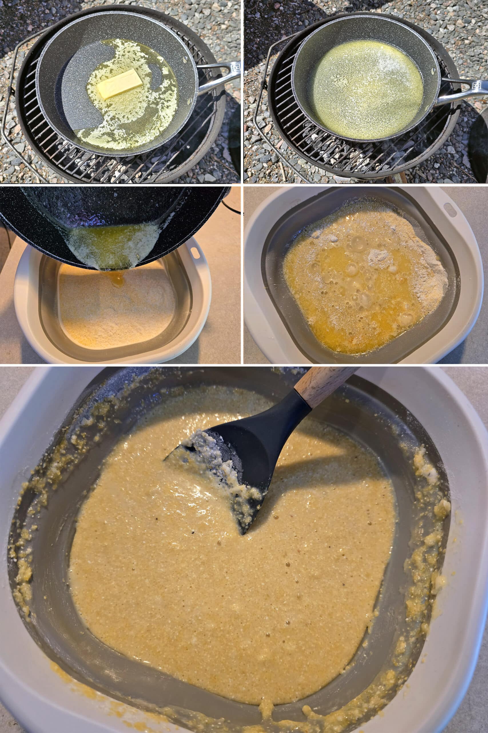 5 part image showing the butter melting in a skillet then being poured and mixed into the bowl of cornbread mix.