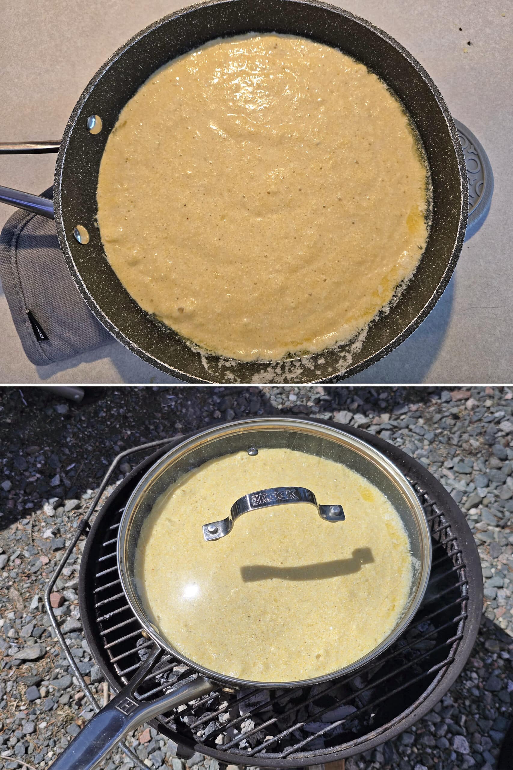 2 part image showing the cornbread batter poured into the pan, and the pan set over a charcoal grill.