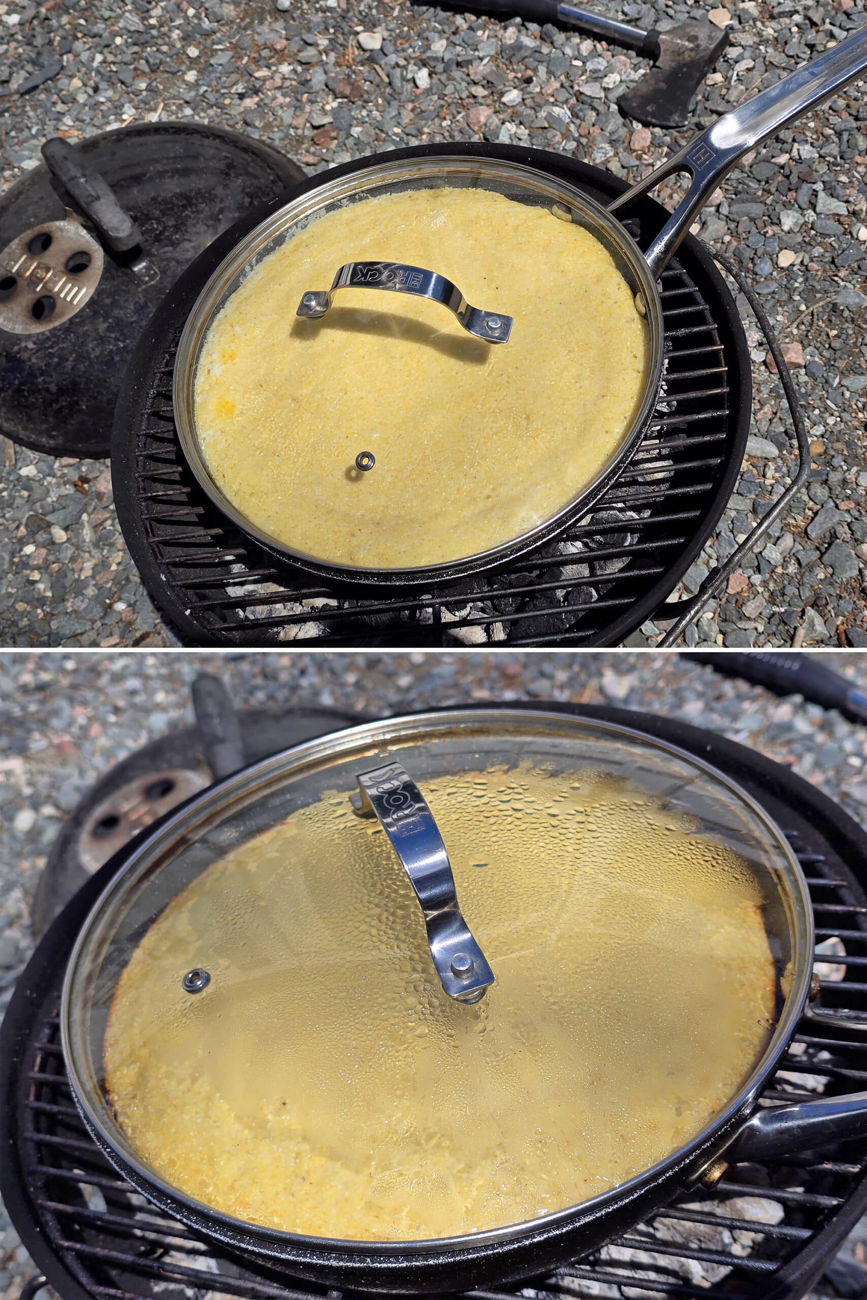 2 part image showing the covered pan of skillet cornbread on a charcoal grill, as the batter cooks and darkens.