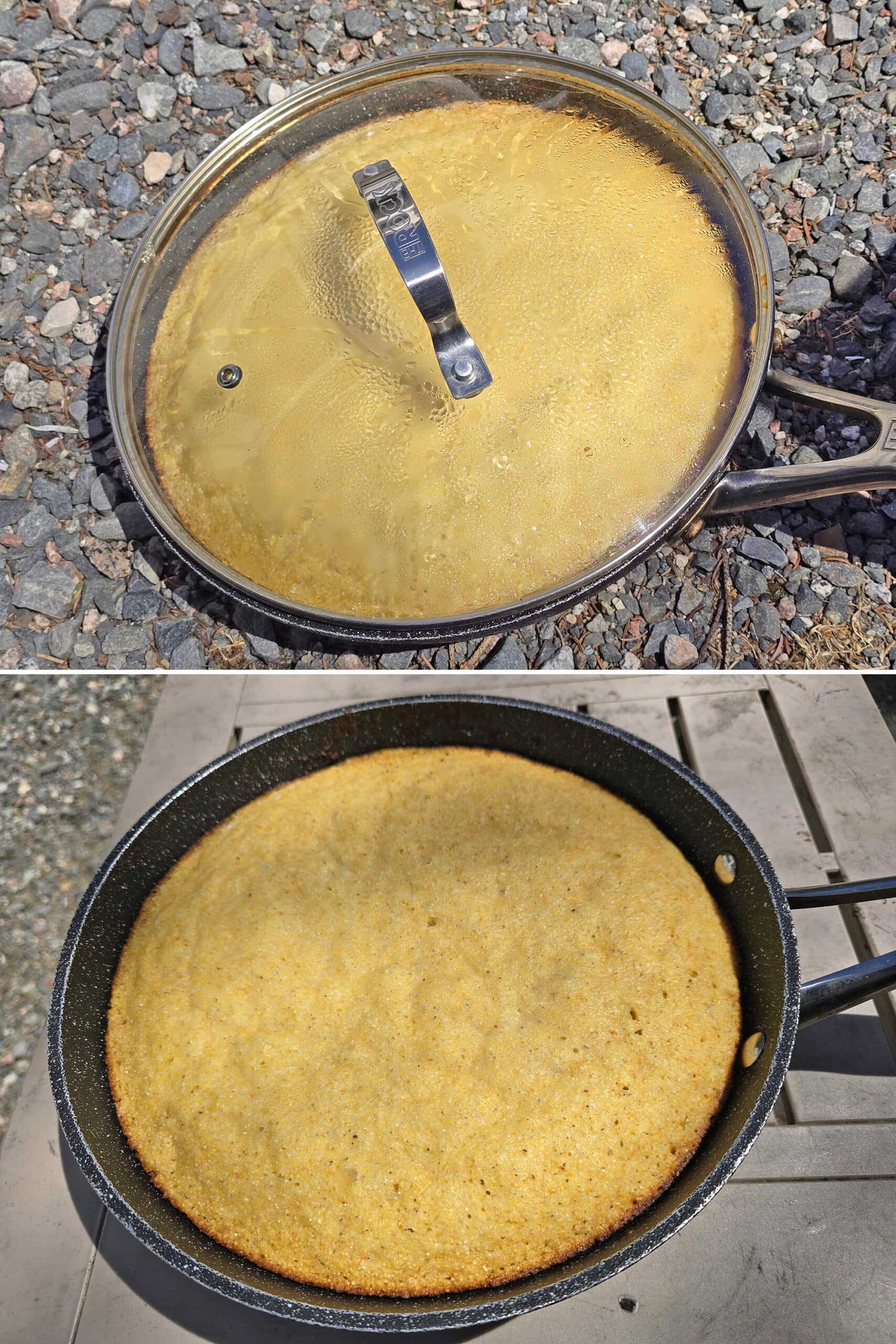 2 part image showing the pan of cornbread sitting on gravel, then with the lid removed.