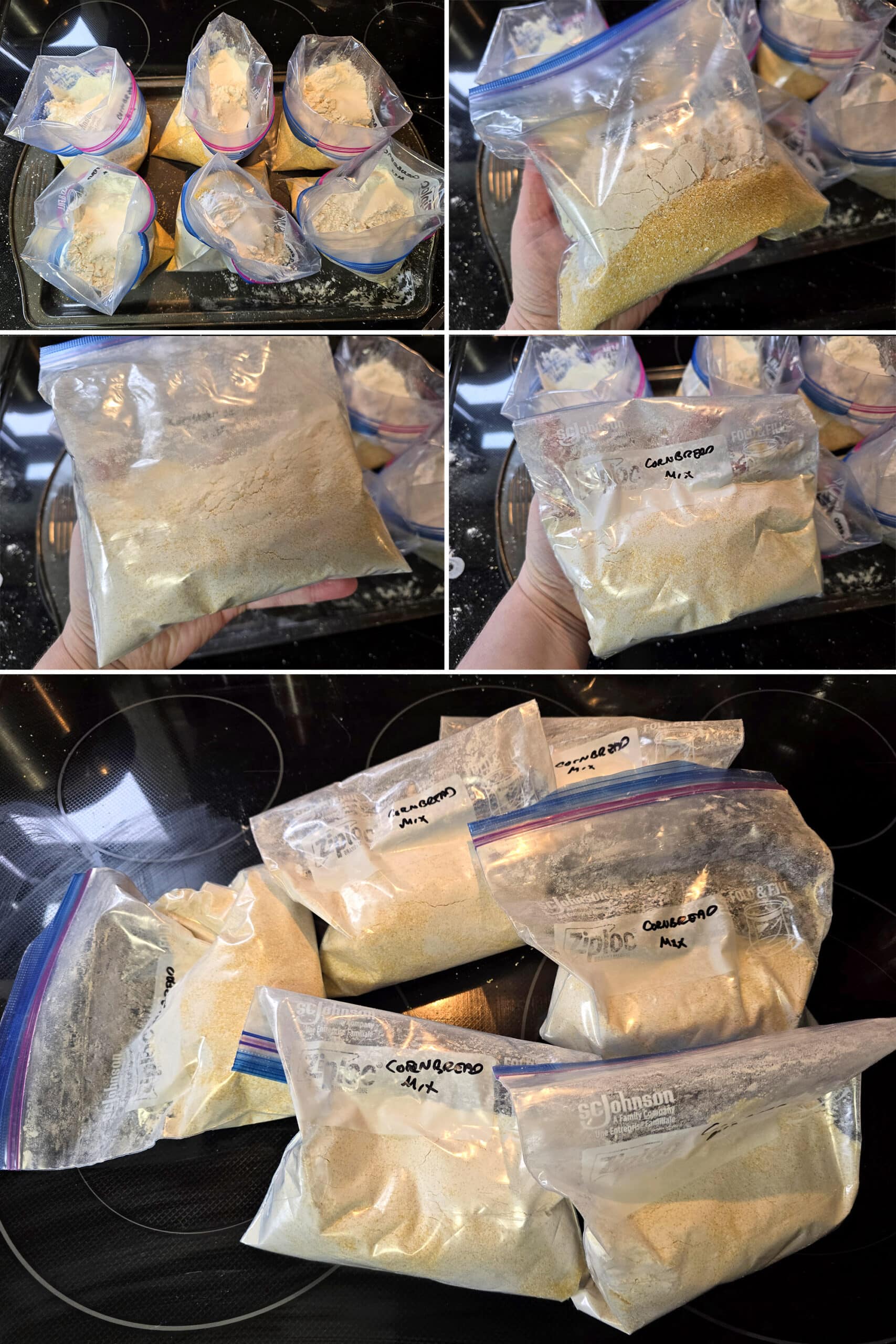 5 part image showing bags of homemade cornbread mix being made.