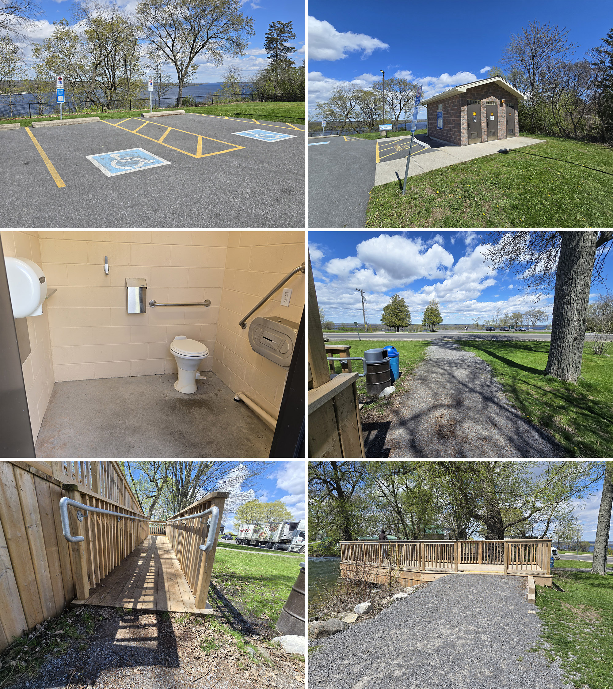 6 part image showing disability parking spaces, a path up to the Lake on the Mountain Provincial Park viewing platform, a close up view of the bump up to the ramp on the deck, and a view of the sidewalk to the parking lot, as viewed from the deck.