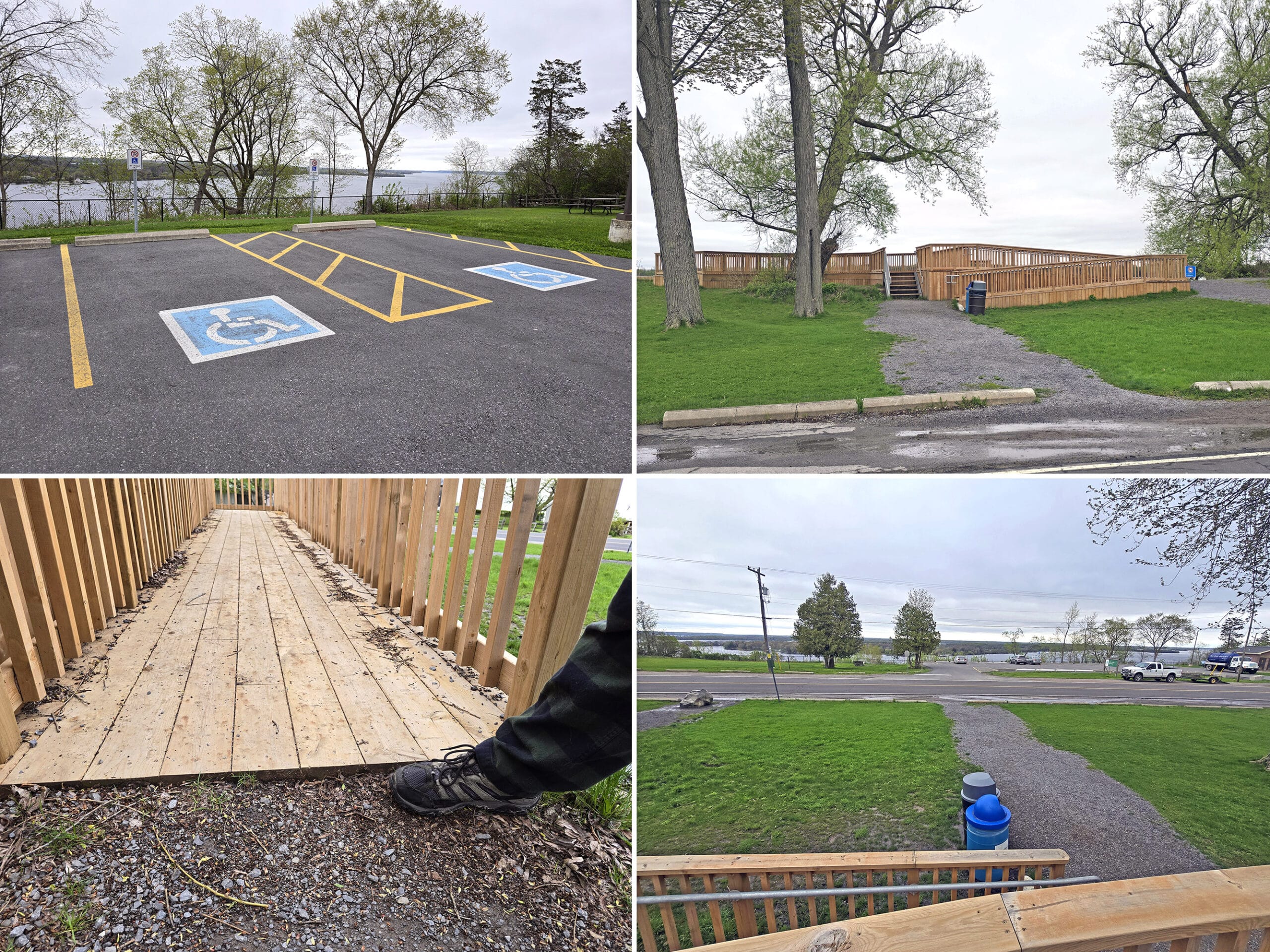 4 part image showing disability parking spaces, a path up to the Lake on the Mountain Provincial Park viewing platform, a close up view of the bump up to the ramp on the deck, and a view of the sidewalk to the parking lot, as viewed from the deck.