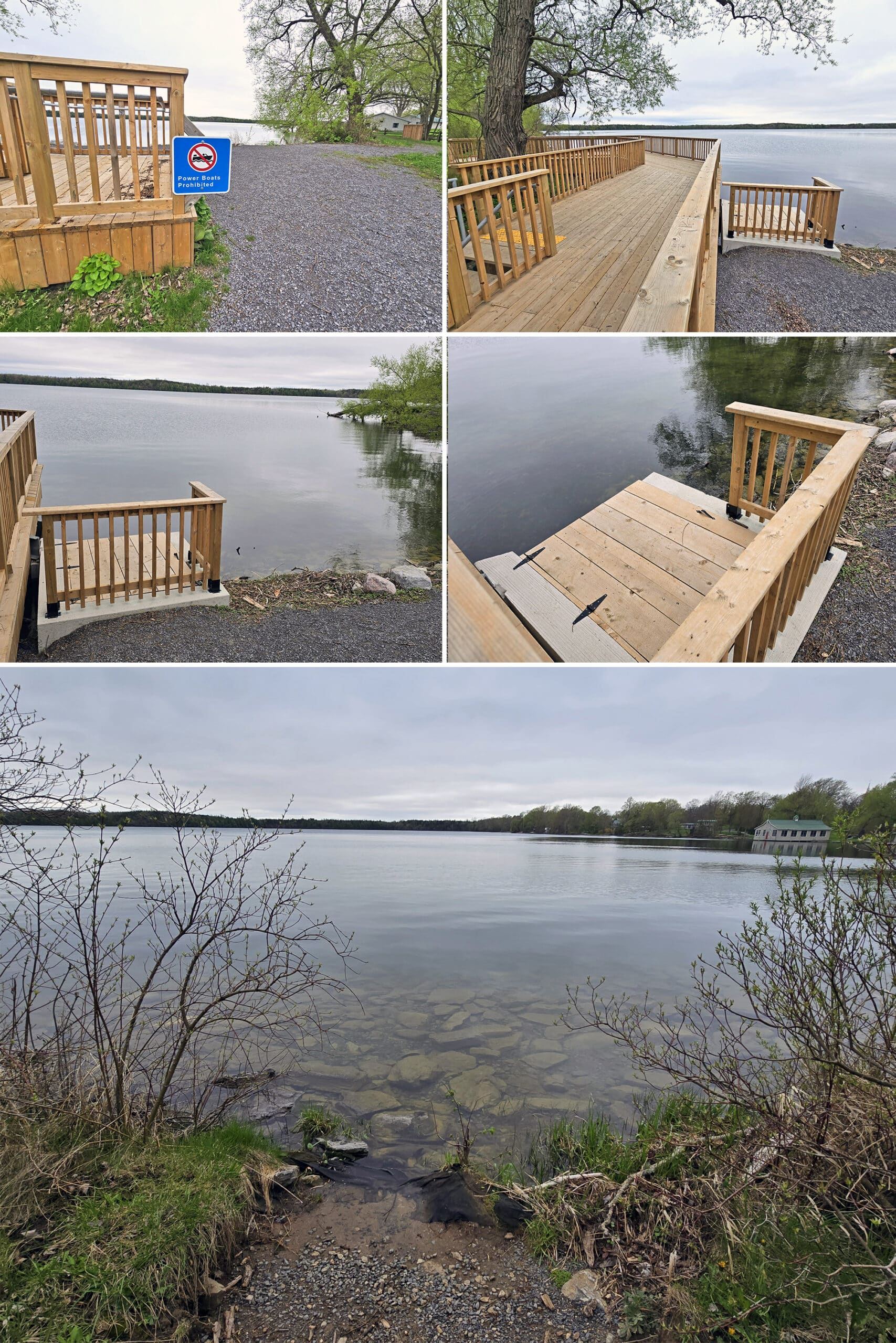 5 part image showing various views of the kayak launch pad on the side of the main Lake on the Mountain Provincial Park viewing platform.