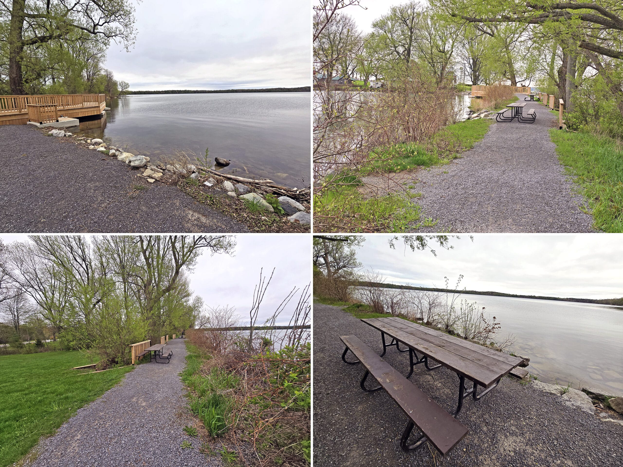 2 part image showing the main picnic area at Lake on the Mountain Provincial Park - a couple picnic tables on a wide gravel path next to the lake.