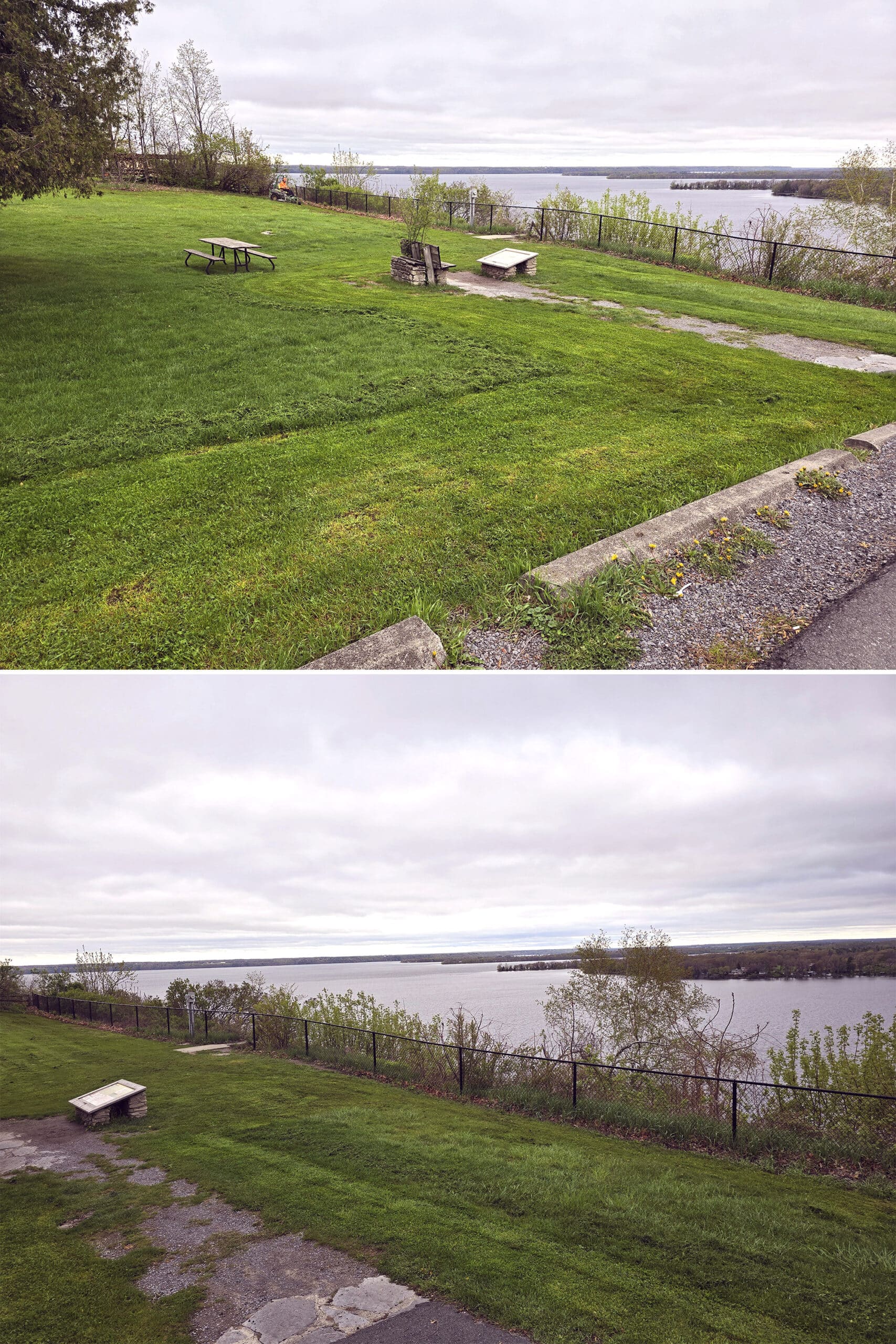 2 part image showing a grassy picnic area overlooking a bay below.