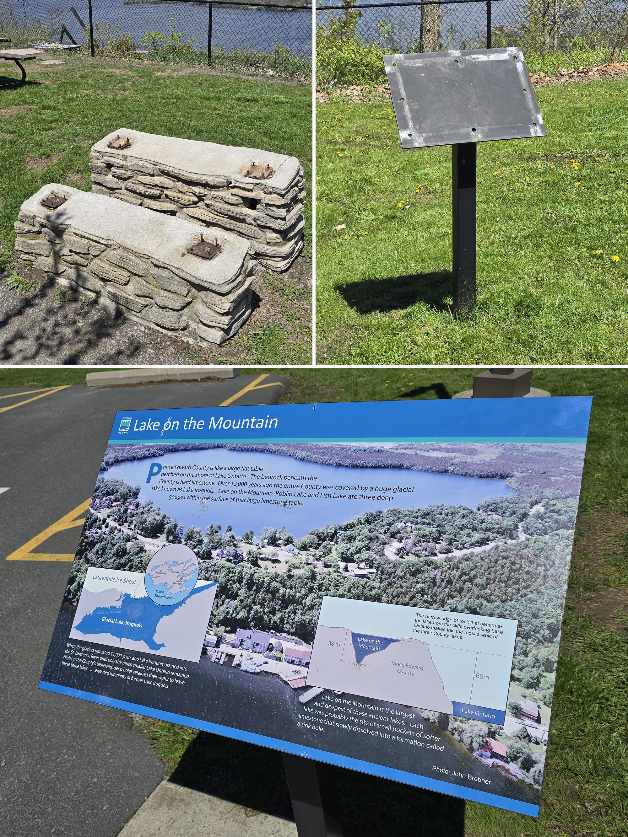 3 part image showing an educational sign and two empty sign posts overlooking the Bay of Quinte.