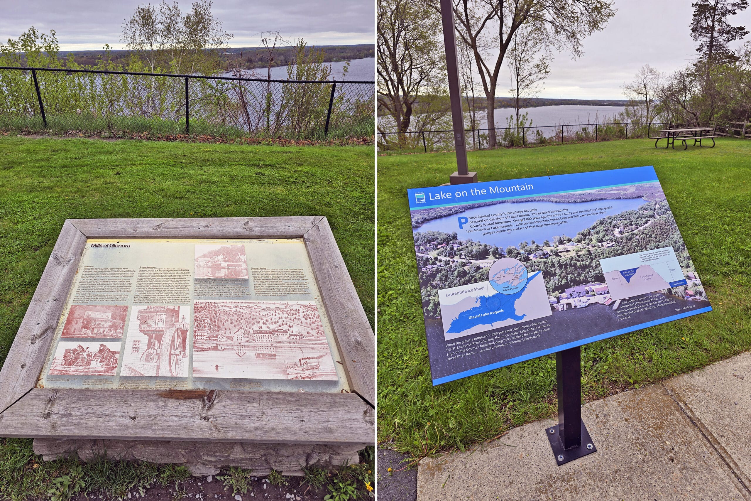 2 part image showing 2 educational signs overlooking the Bay of Quinte.