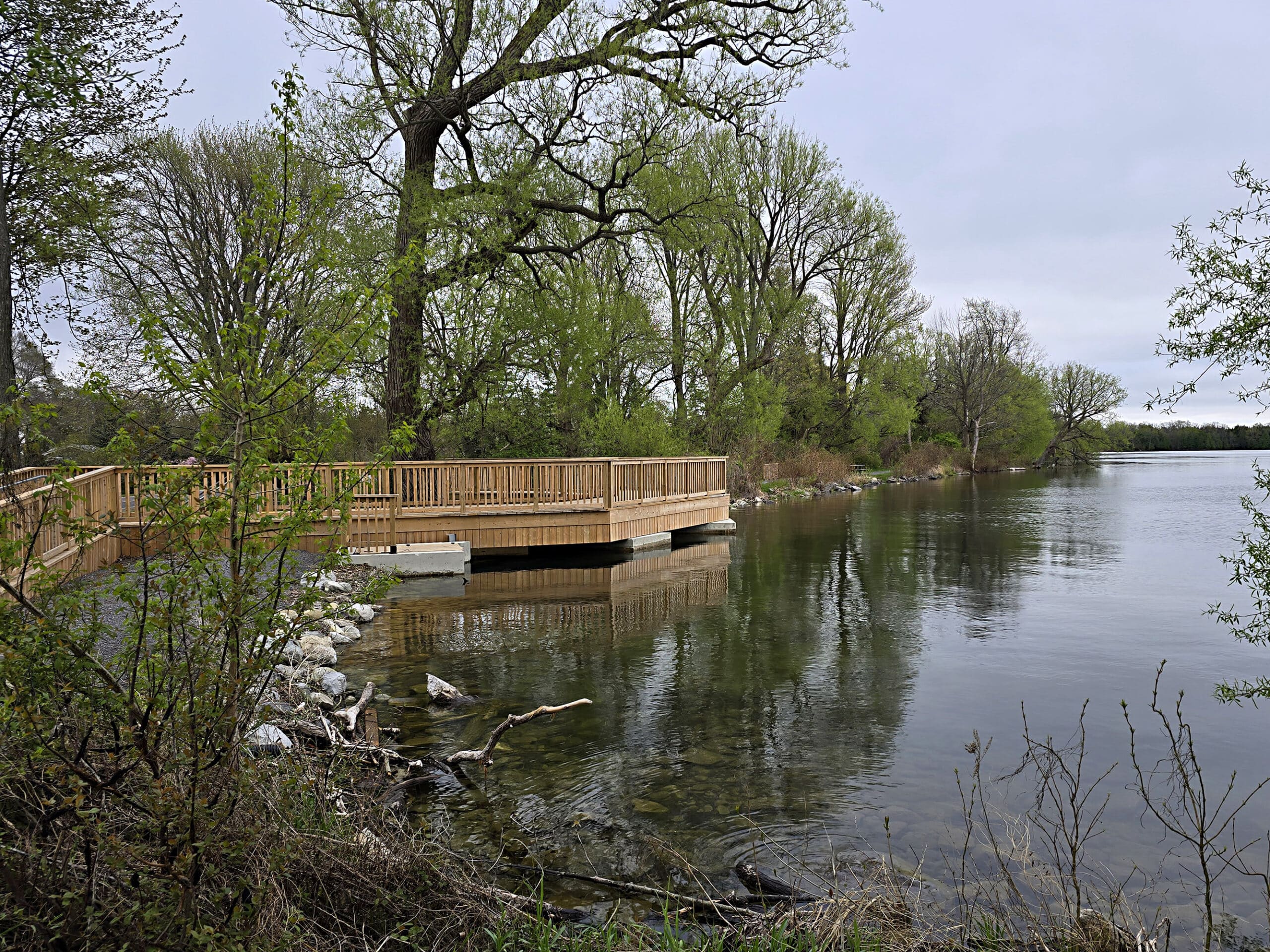 A wooden deck over Lake on the Mountain, as seen from a distance.