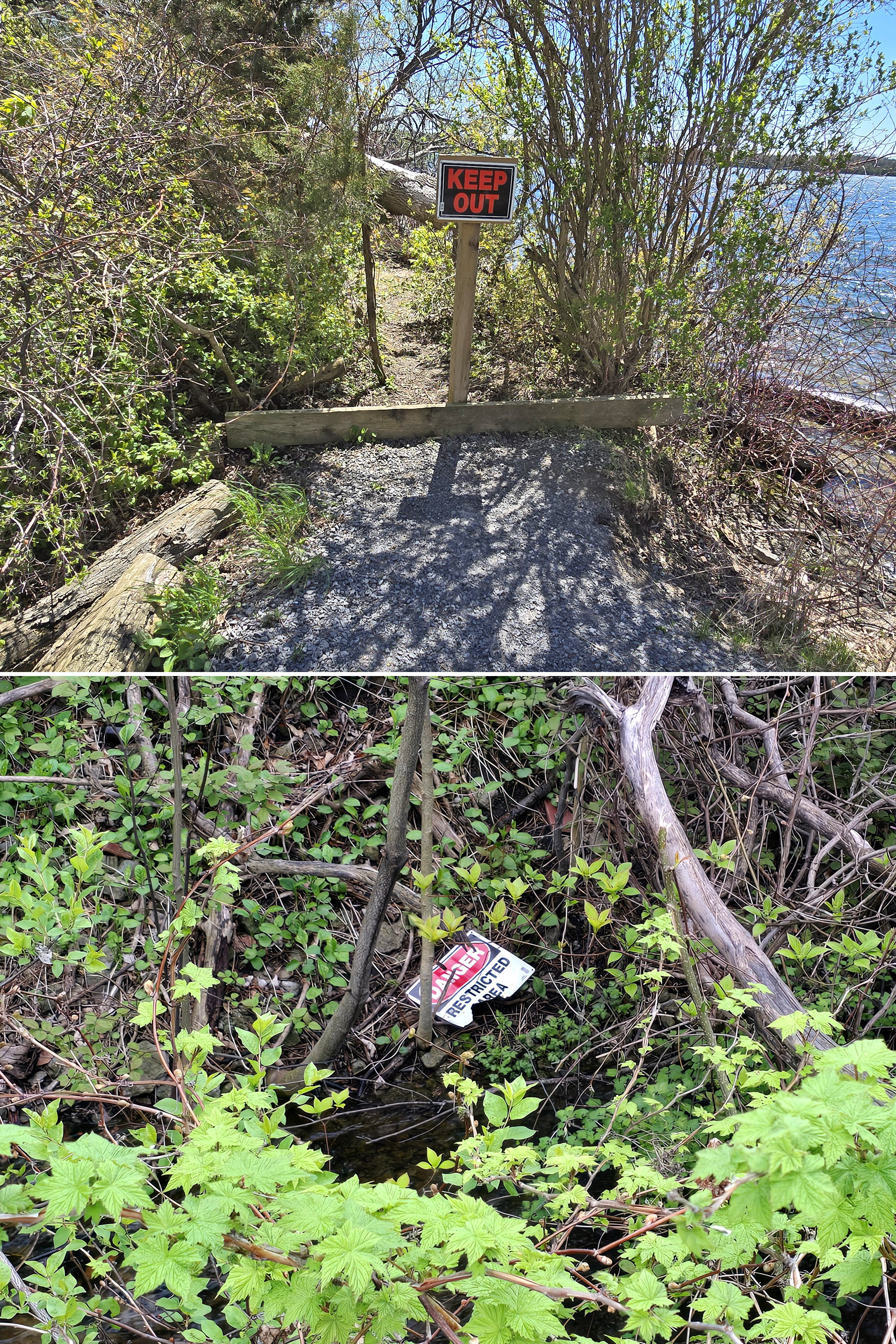 2 part image showing a sign post in the middle of a small trail, and a busted danger sign in a stream below.