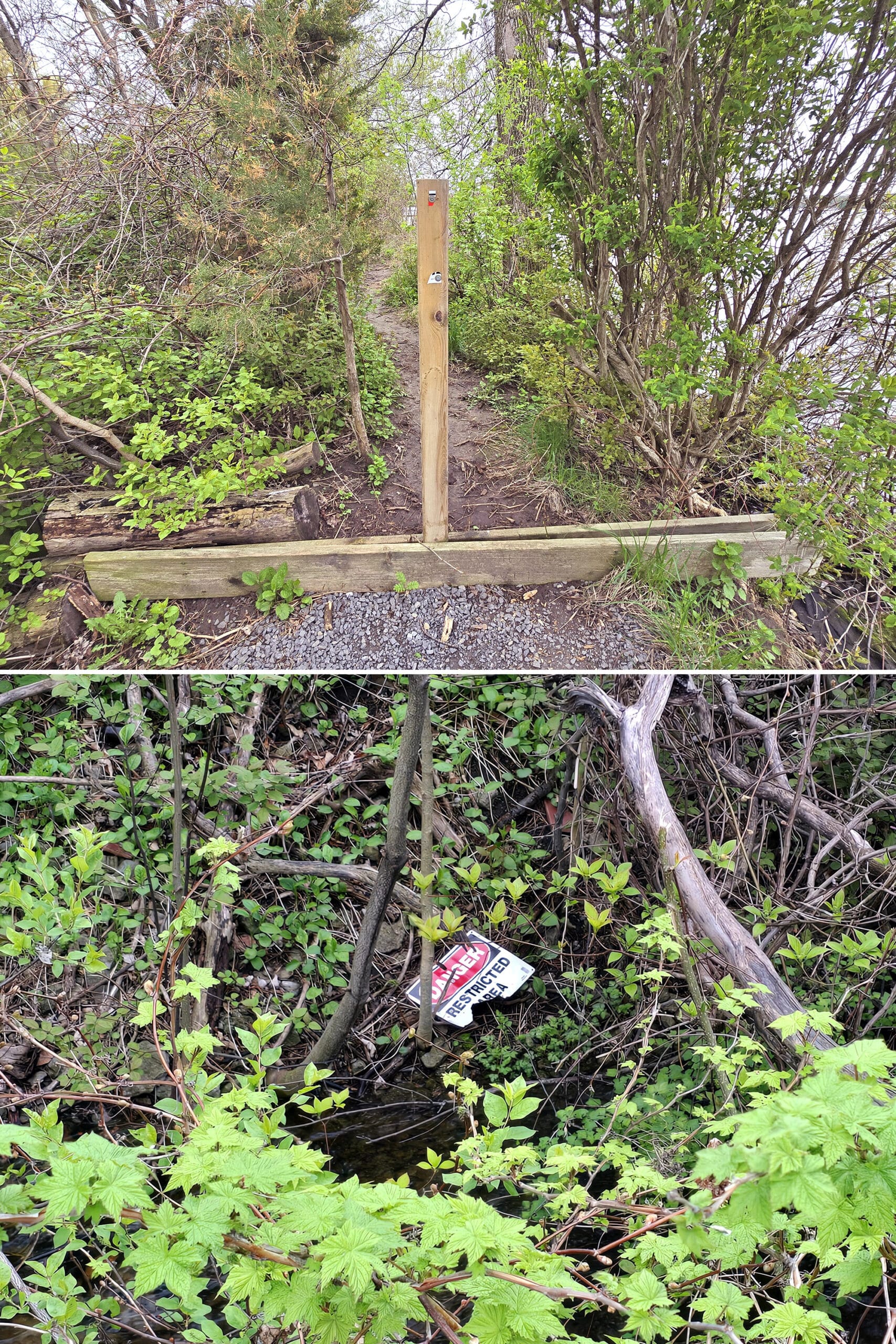 2 part image showing a sign post in the middle of a small trail, and a busted danger sign in a stream below.
