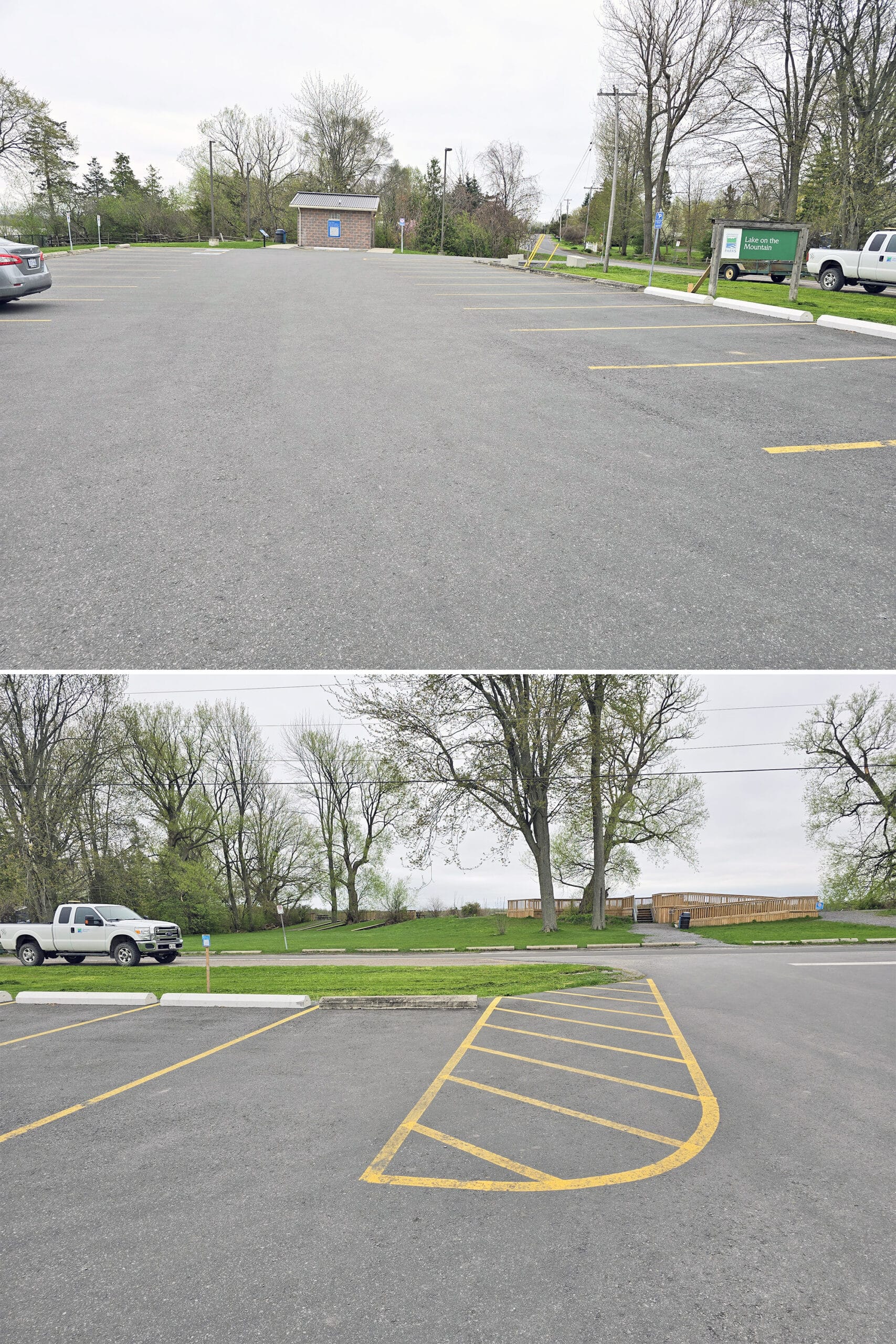 2 part image showing the parking lot at Lake on the Mountain Provincial Park.