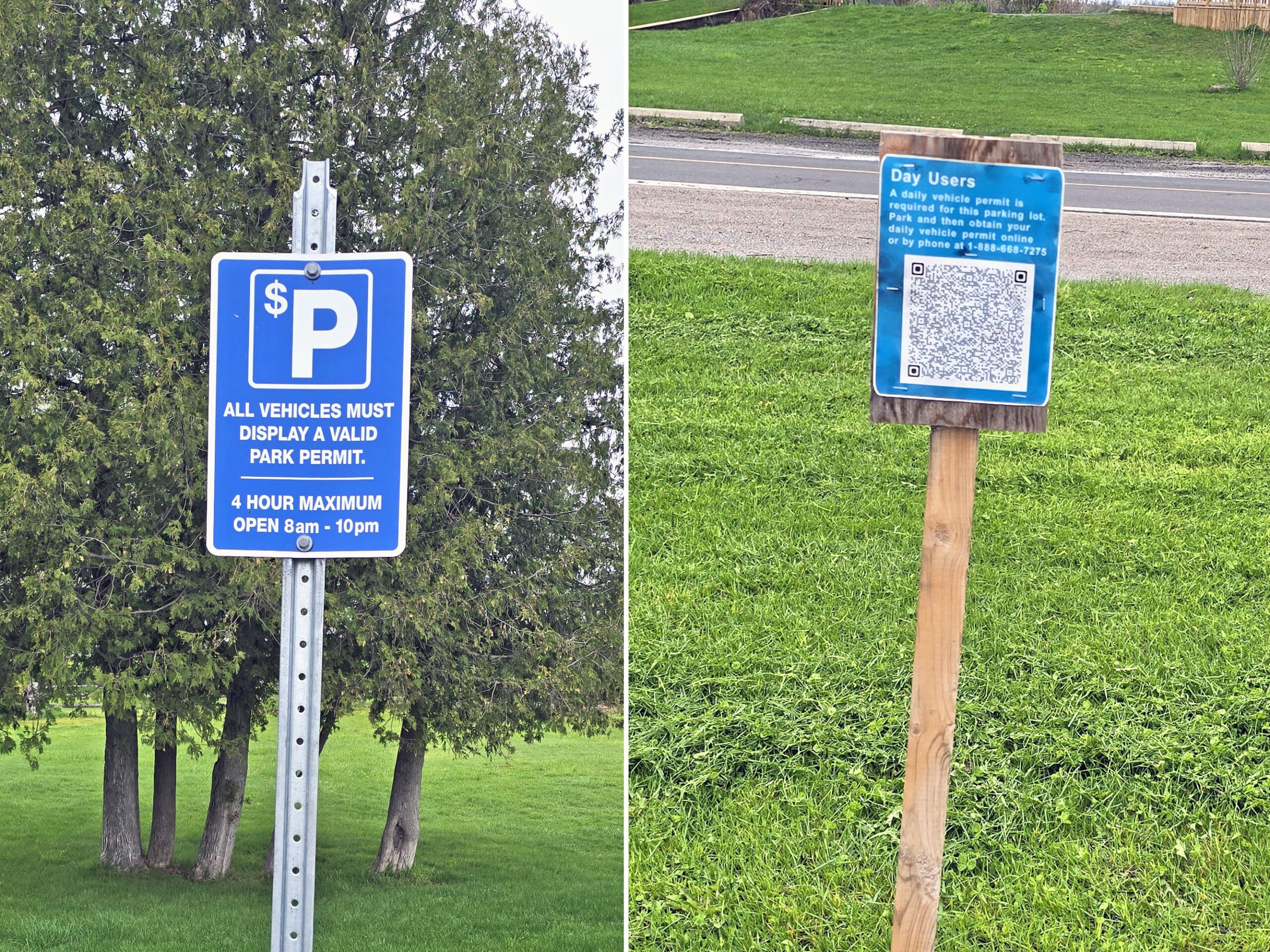 2 part image showing parking signs at Lake on the Mountain Provincial Park, one with a QR code.