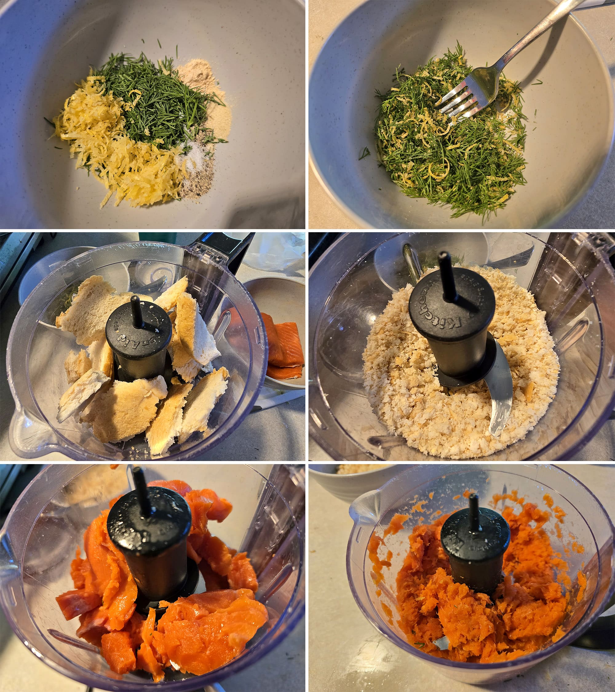 6 part image showing the lemon, dill, and seasonings being mixed in a bowl, the bread slice being processed to crumbs, and the fresh salmon being processed to almost a paste.