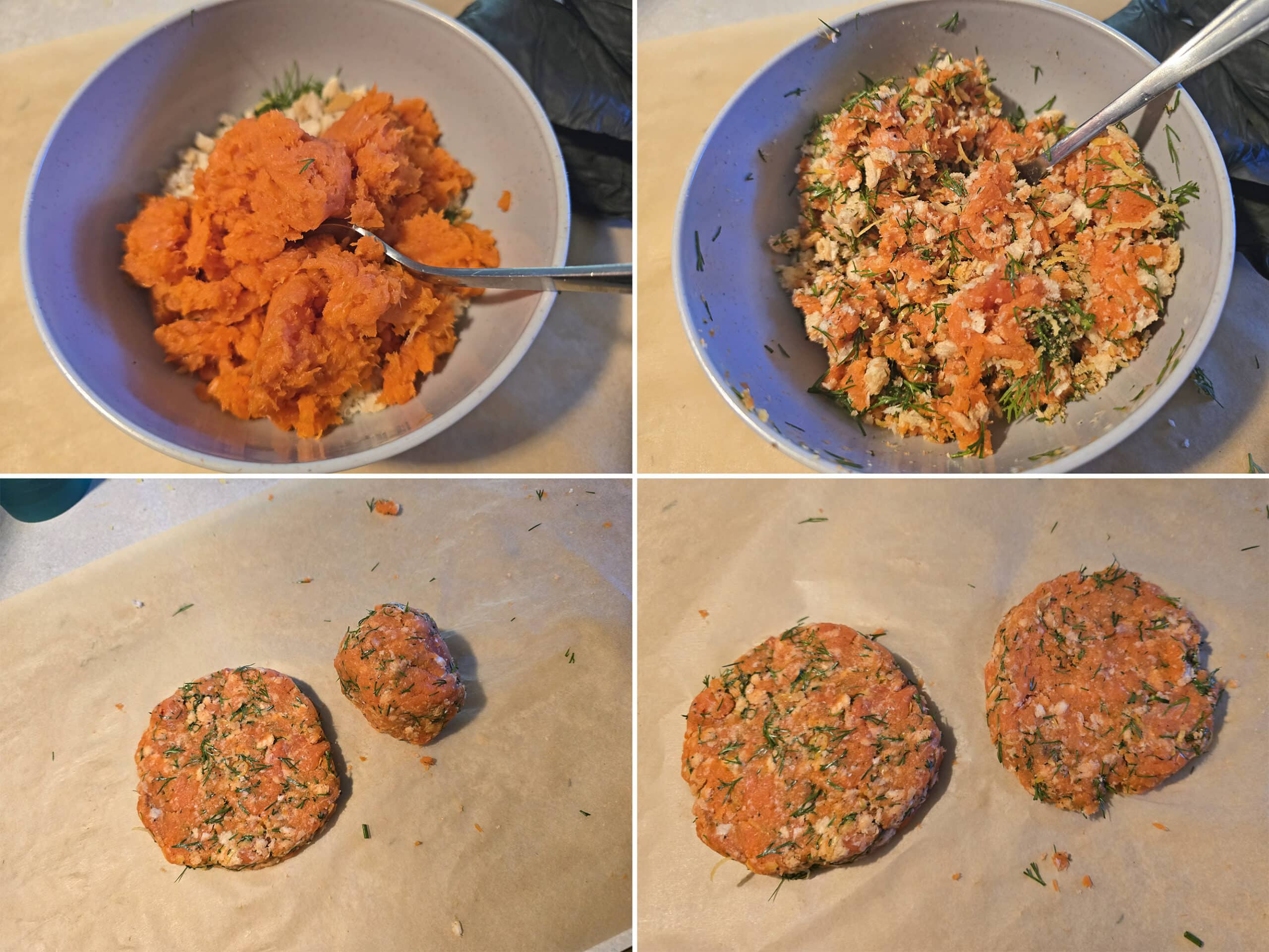 4 part image showing the blended salmon being mixed with the remaining ingredients and formed into 2 patties.