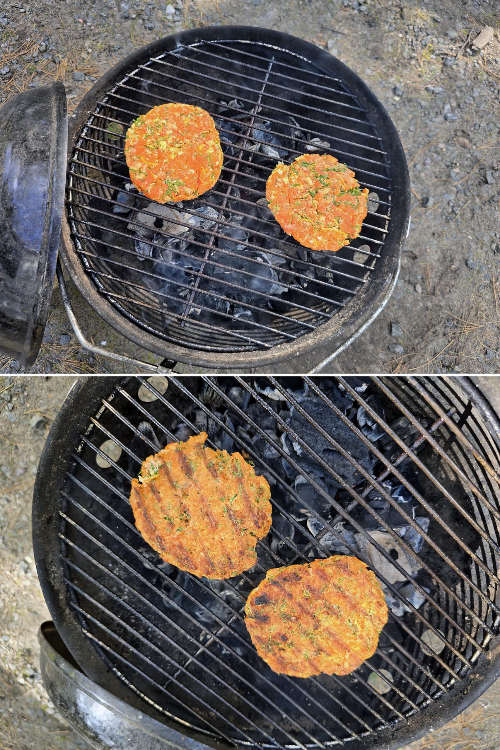 2 part image showing lemon dill salmon burgers being grilled.